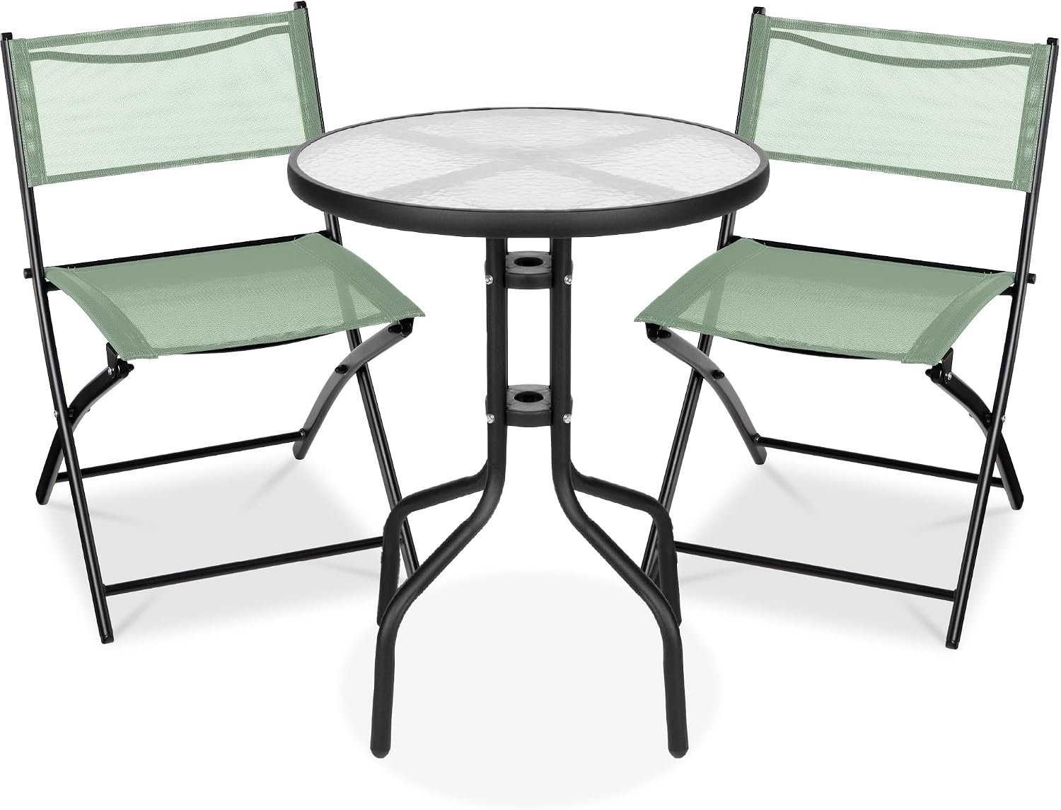 Best Choice Products 3-Piece Patio Bistro Dining Furniture Set w/Textured Glass Tabletop, 2 Steel Folding Chairs, Polyester Fabric – Sage