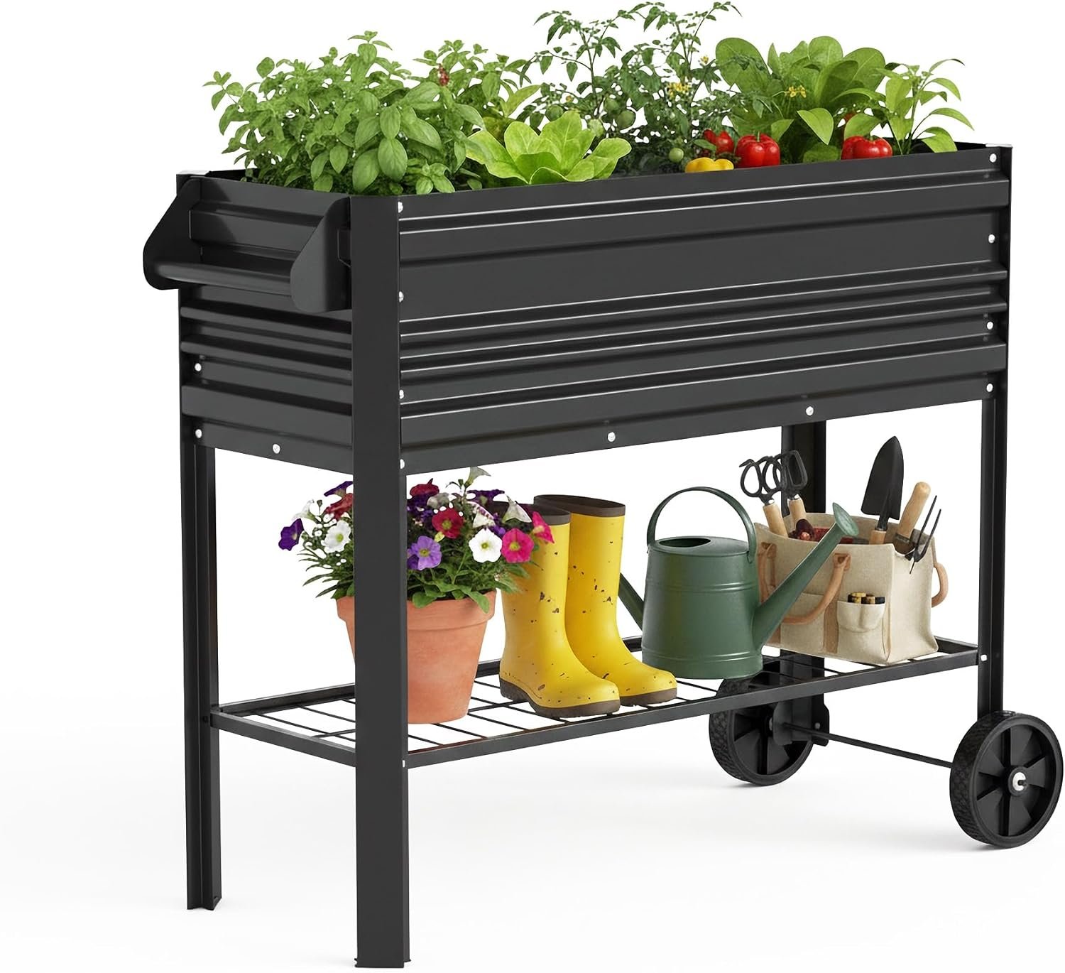 WORKPRO Galvanized Raised Garden Bed with Legs & Wheels, 37×14.6×31.6in, 400LB Capacity Elevated Planter Box for Garden, Backyard, Patio & Deck, Black