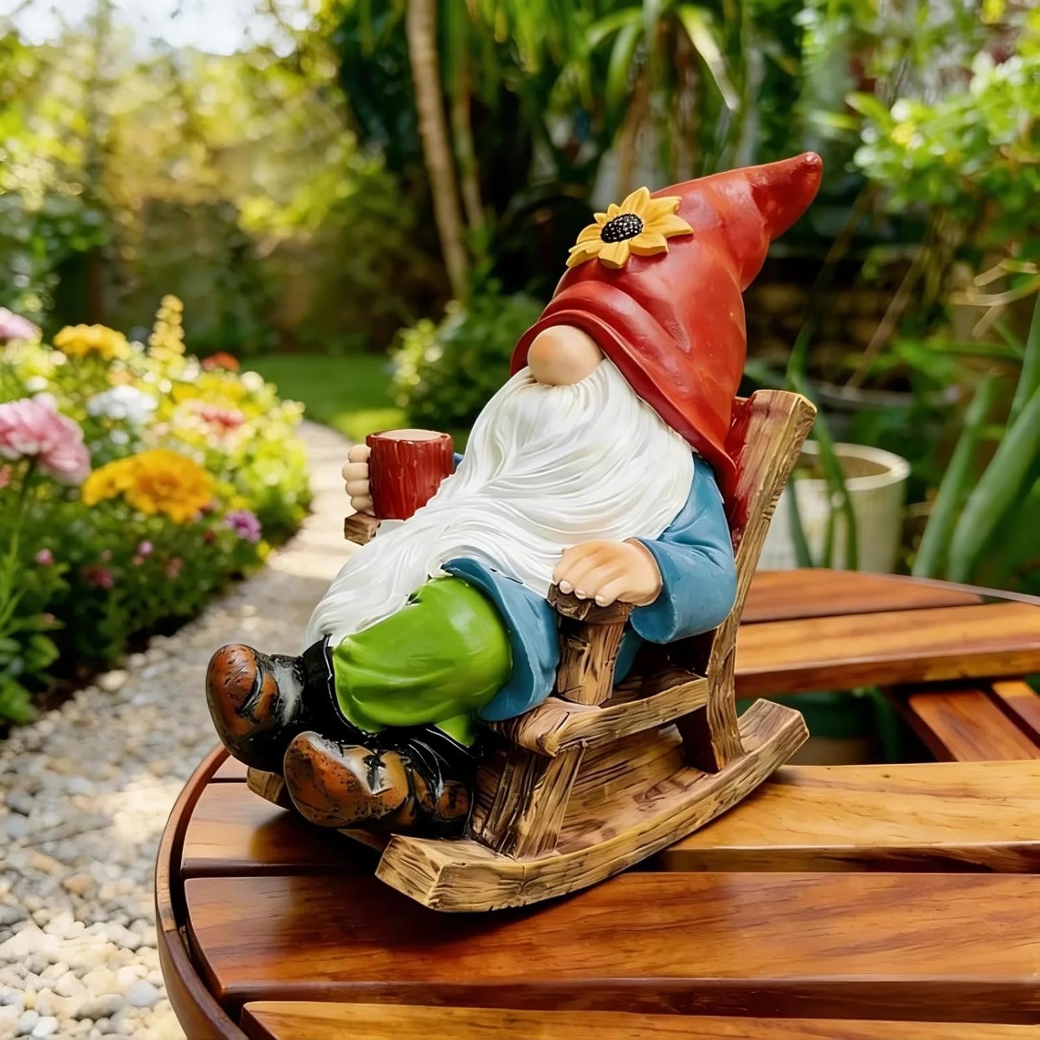 Outdoor Garden Gnome Statue Decoration – Funny Drinking Coffee gnomes Figurine Ornament for Indoor Outdoor Home Patio Yard Lawn – Lucky Gnome Unique Mom Birthday Gifts – Best Garden Gifts for Day