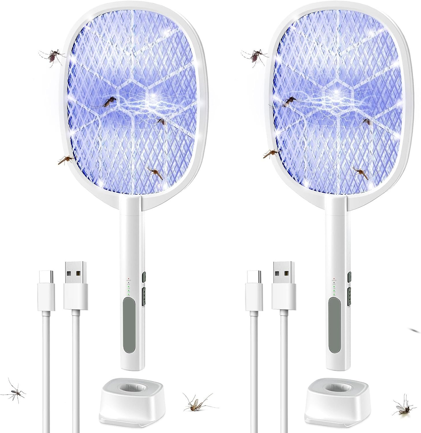 2PACK Electric Fly Swatter,4000V Bug Zapper Racket,2 in 1 Mosquito Zapper Racket with 1200ml Battery Rechargeable Purple Mosquito Killer Lamp with 3 Layers Safety Net Suitable for Indoor and Outdoor