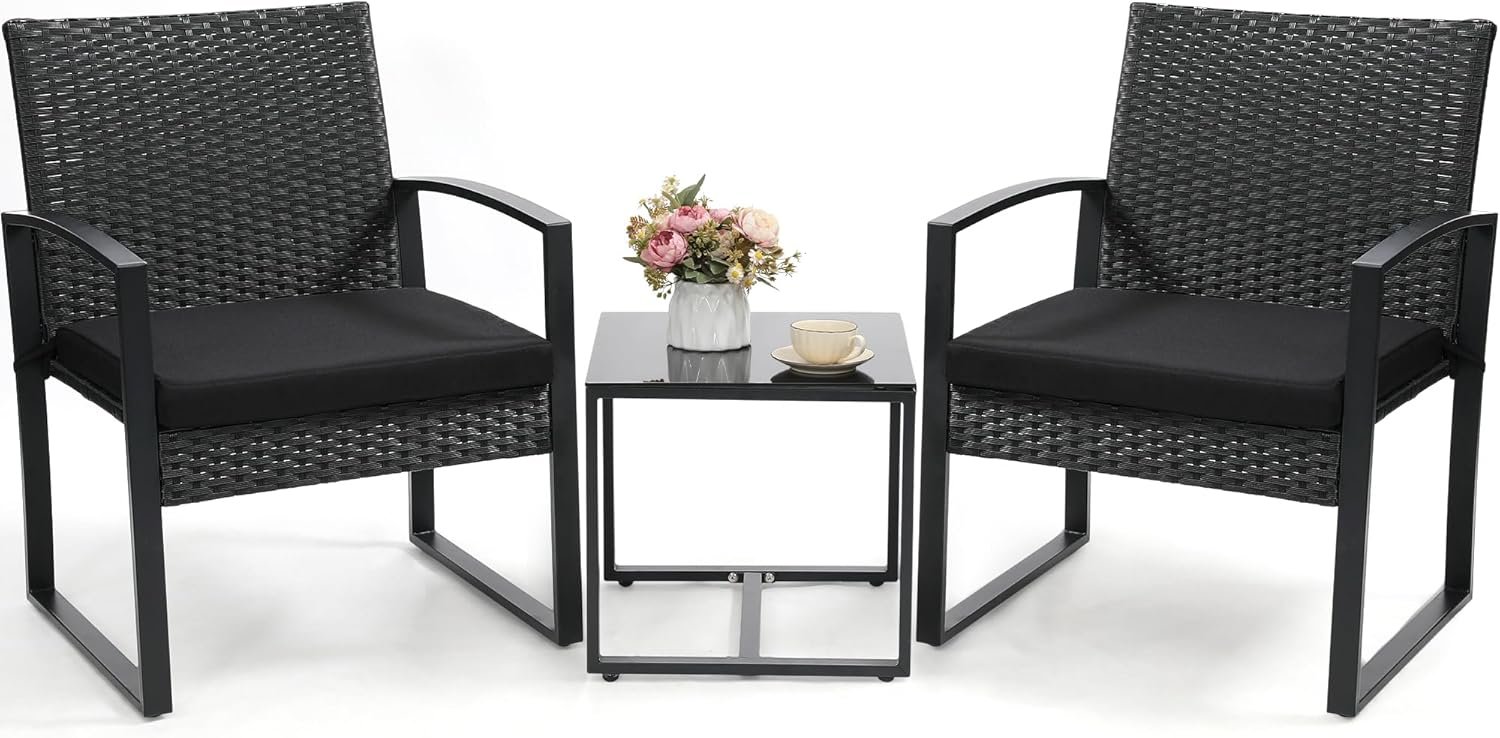 Murago Outdoor 3-Piece Wicker Bistro Set, Patio Conversation Set | 2 chairs with Coffee Table, for Balcony, Porch, Garden, Yard, Poolside, Black Frame & Black Cushion