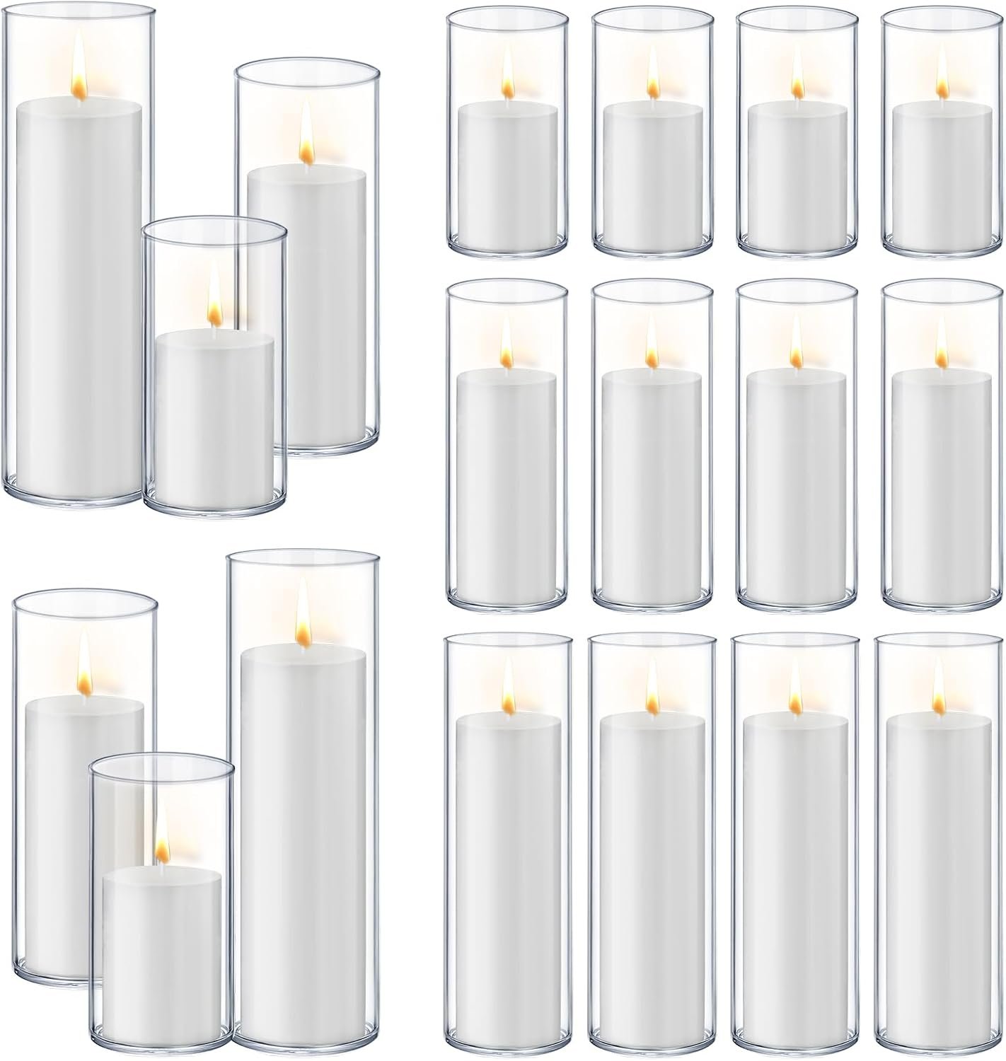 Homjoy 36 PCS White Pillar Candles with Glass Candle Holders Clear Hurricane Candle Holders Glass Cylinder Vases for Centerpieces Wedding Party, Event, Home Office (18 Candles+18 Candle Hoders)