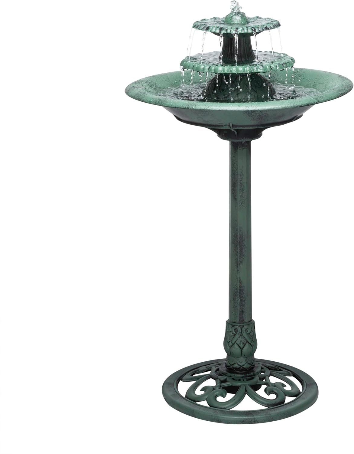 Alpine Corporation 35″ Tall 3-Tier Outdoor Pedestal Water Fountain – Durable Resin Cascading Water Feature and Birdbath for Garden, Patio, Deck, and Backyard, Green