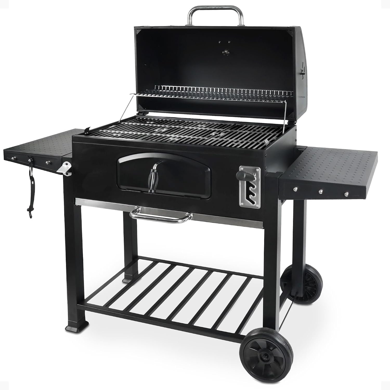 Grill Boss Charcoal Grill w/Large 32″ Cooking Area, Includes Warming Rack | Side Shelves, Bottom Storage and Wheels for Outdoor BBQ, Tailgating, Camping & Backyard Grilling