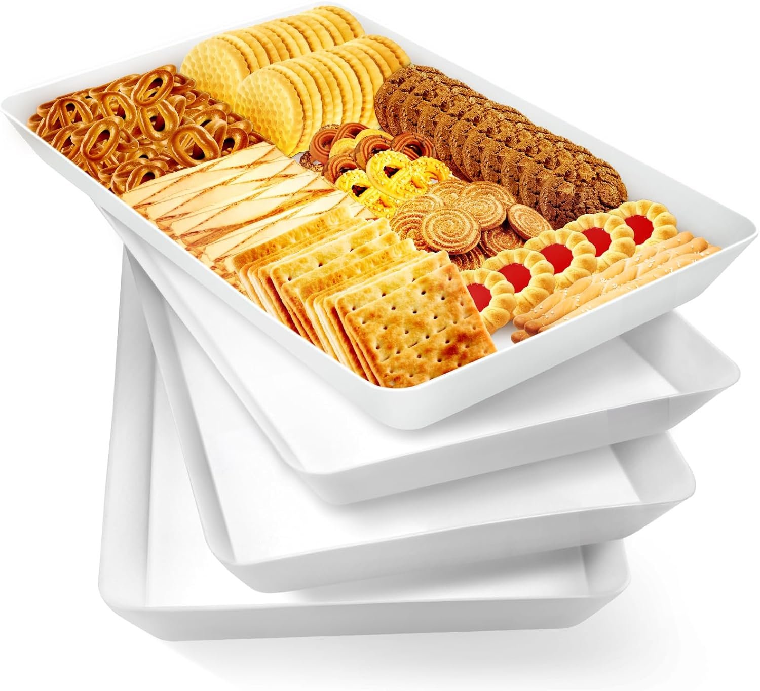 WOWBOX 4-Pack Reusable Plastic Serving Trays for Snacks, Fruit and Parties | Kitchen Pantry Organization, Grilling Prep, Food Presentation, Everyday Dining, Holiday Hosting and Outdoor Entertaining