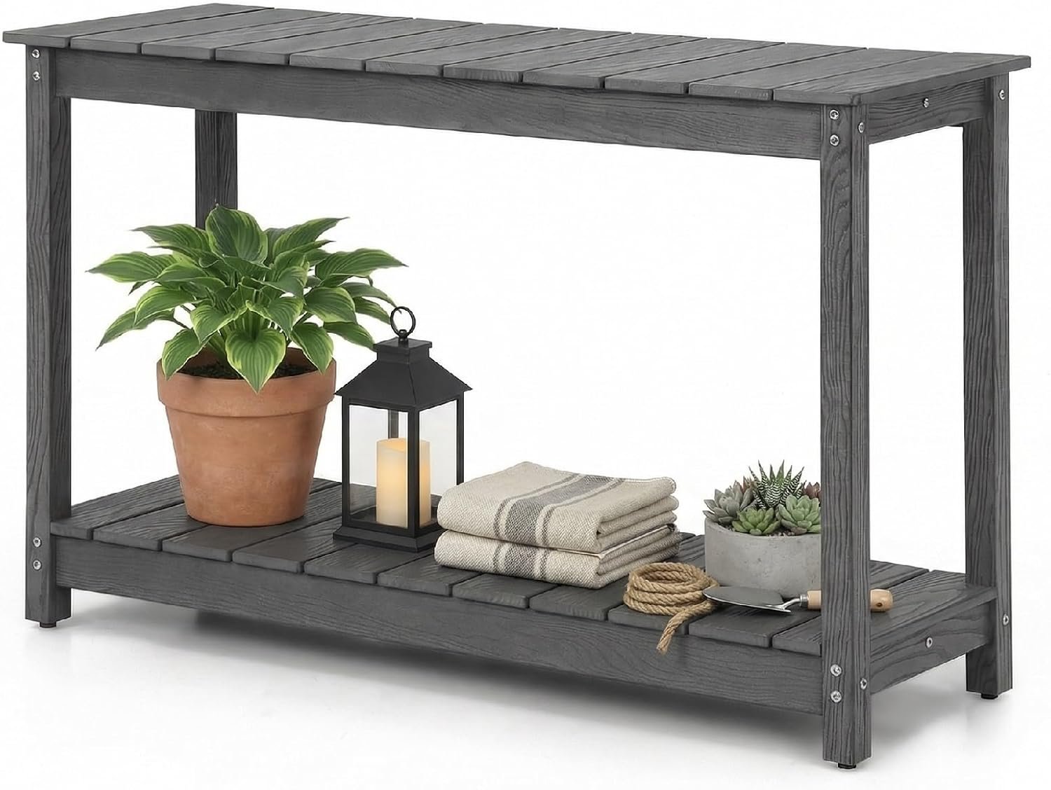 Outdoor Console Table, 48″ Weather Resistant HIPS Patio Side Table, 440LBS Weight Capacity, 2-Tier Multifunctional Buffet Bar Storage Organizer for Garden Deck, Gray