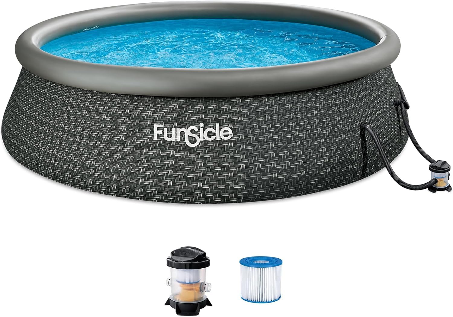 Funsicle 12 Foot by 36 Inch Quickset Round Inflatable Ring Top Outdoor Above Ground Swimming Pool Set with Pump and Cartridge Filter, Dark Herringbone | Round, With FiltraBoost 800 GPH Filter Pump, Type D Filter Cartridge & Repair Patch, Dark Herringbone Print