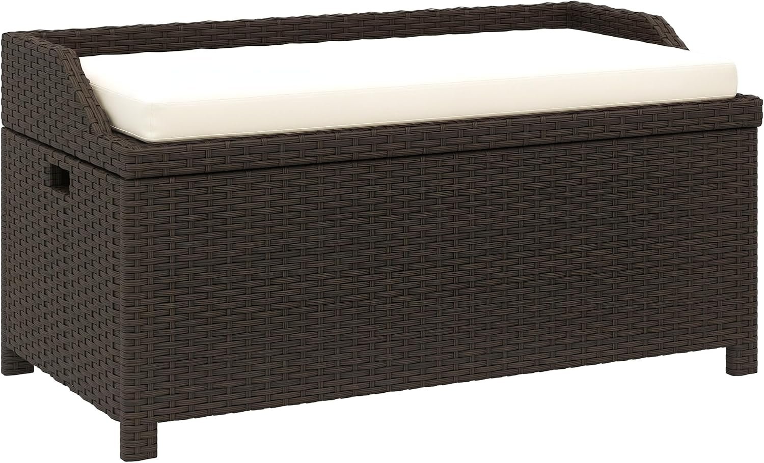 Outsunny 38 Gallon Outdoor Wicker Storage Bench Deck Box, PE Rattan Patio Furniture Pool Storage Bin Container with Interior Waterproof Cloth Bag and Comfortable Cushion, White