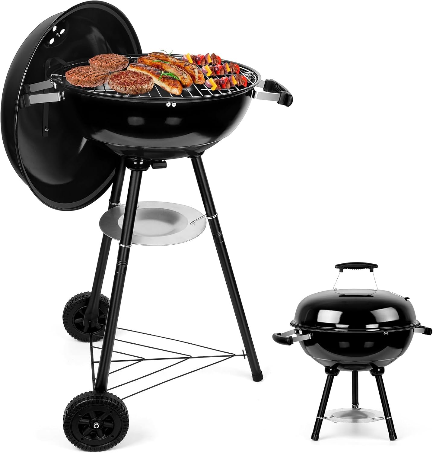 Joyfair Kettle Charcoal Grill, 18 Inch Outdoor Portable Camping BBQ Grills | Round Barbecue Smoker Grill with Wheels for Backyard Tabletop Grilling, Enameled Lid & Fire Bowl, Dual Venting System, Black