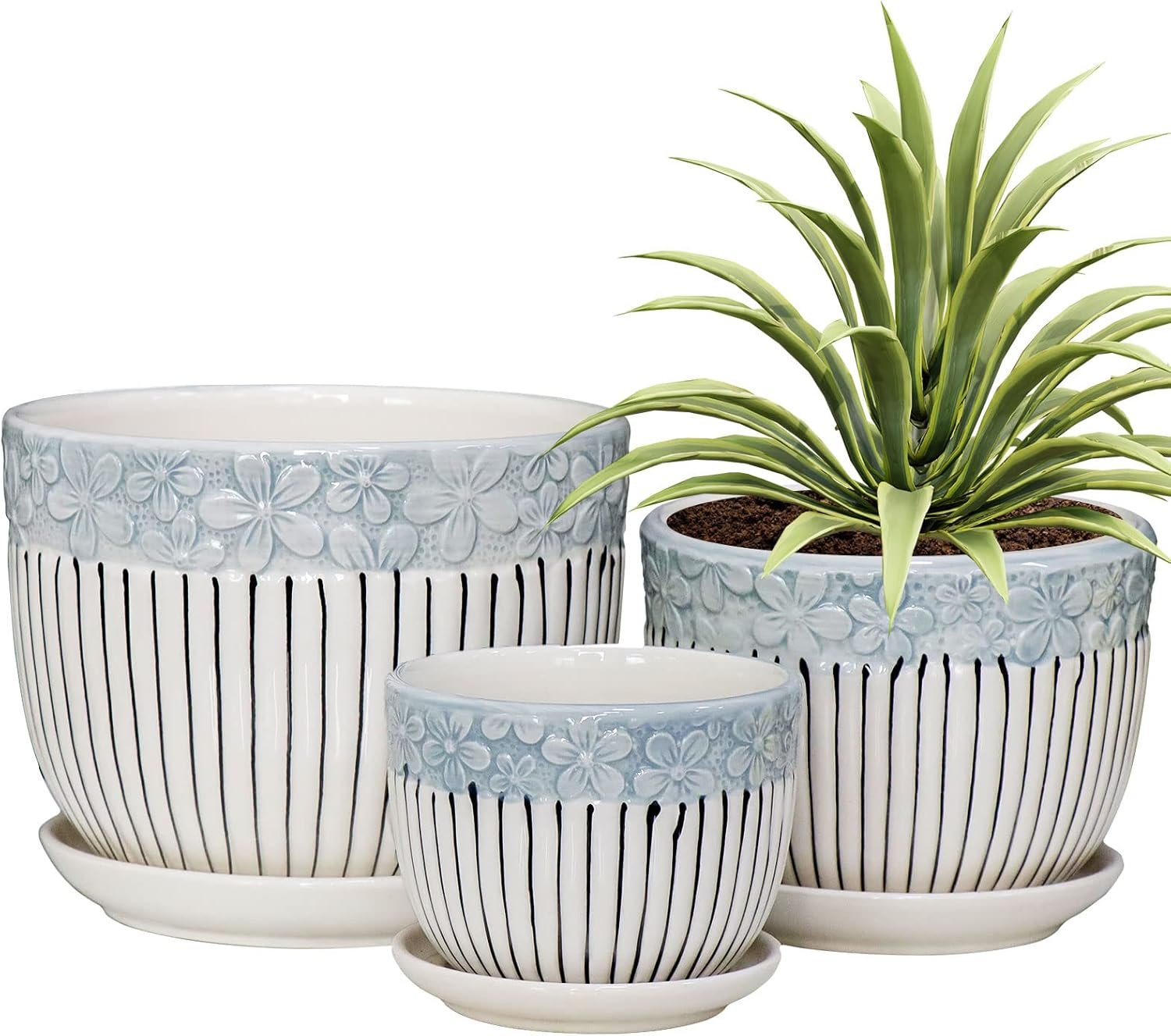Ton Sin Grey Flower Pots, Texture Planter for Indoor Plants Set of 3 Ceramic Flower Pots with Saucer, Cute Garden Pots Succulent Pots, 6.75/5.6/4.2 Inch, Indoor Outdoor Home Garden Decor