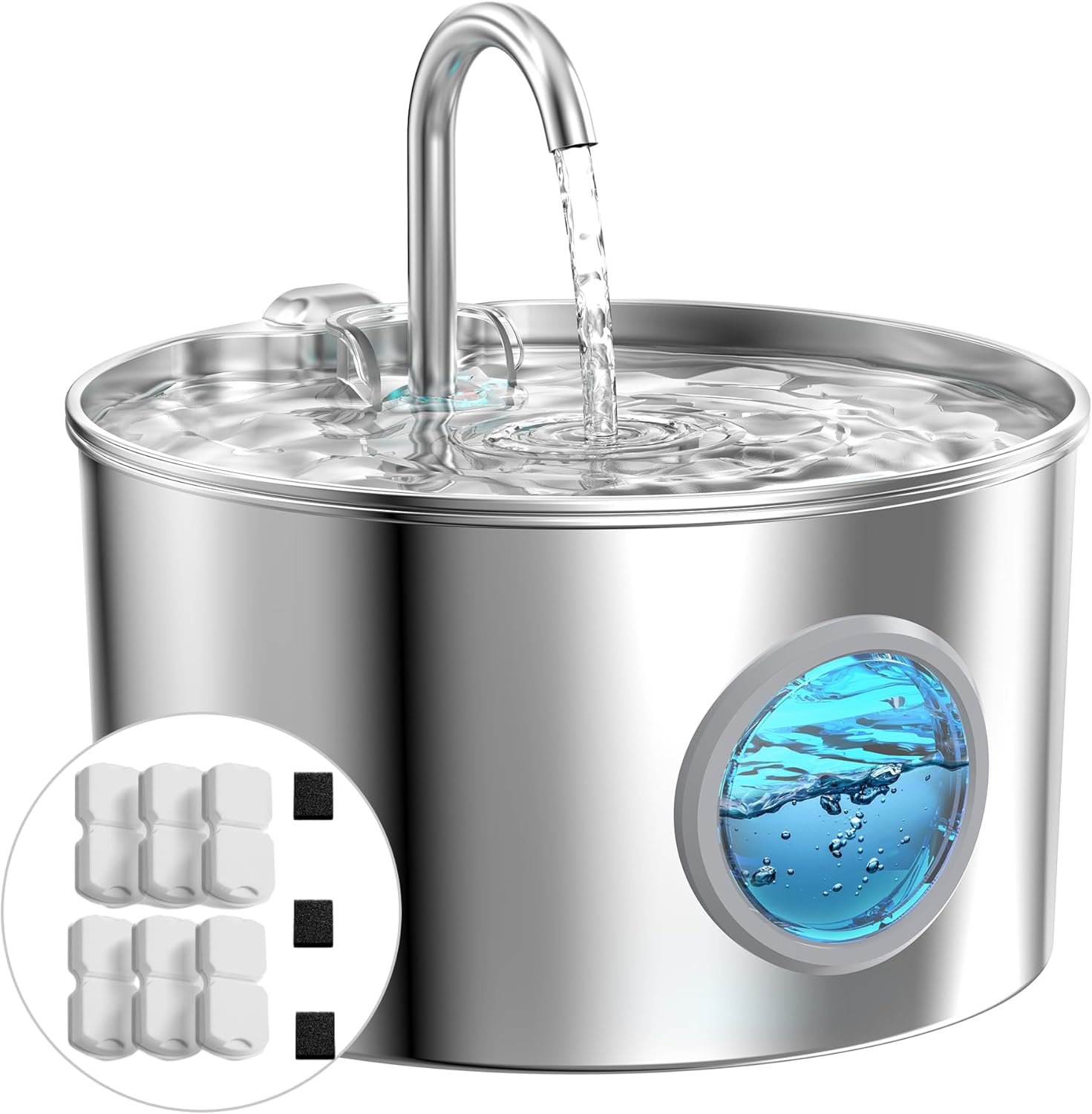 Cat Water Fountain Stainless Steel: Cat Fountain for Drinking with 6 Filters + 3 Sponges – 74oz/2.2L Pet Water Fountain for Cats Inside – Quiet Cats Water Bowl Dispenser – Kitten Drinking Fountains