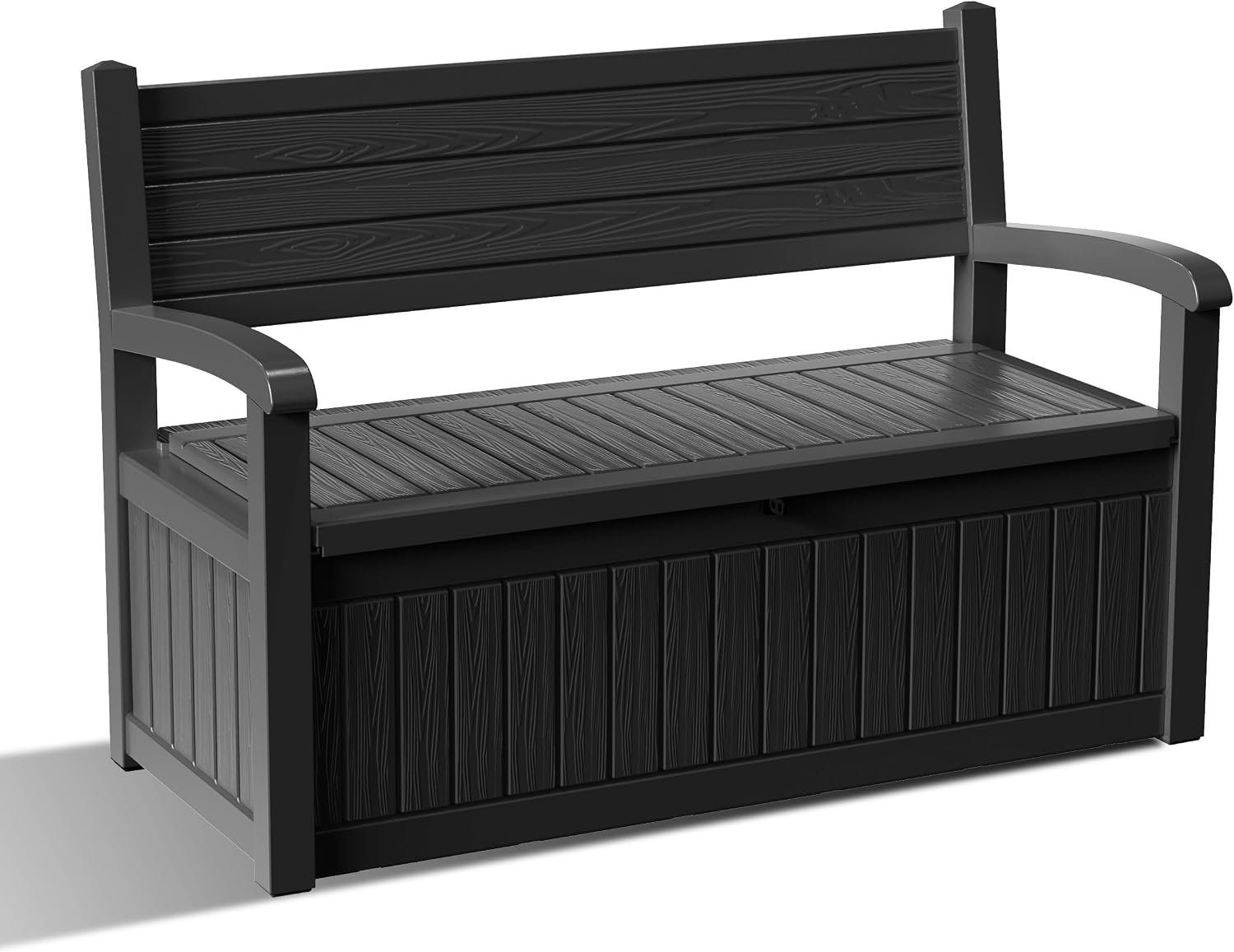 EasyUp 80 Gallon Wood Grain Style Outdoor Storage Bench, Waterproof and Lockable Deck Box Outdoor Storage Furniture for Patio,Garden,and Porch-Perfect for Storing Garden Tools(Black Srtipe)