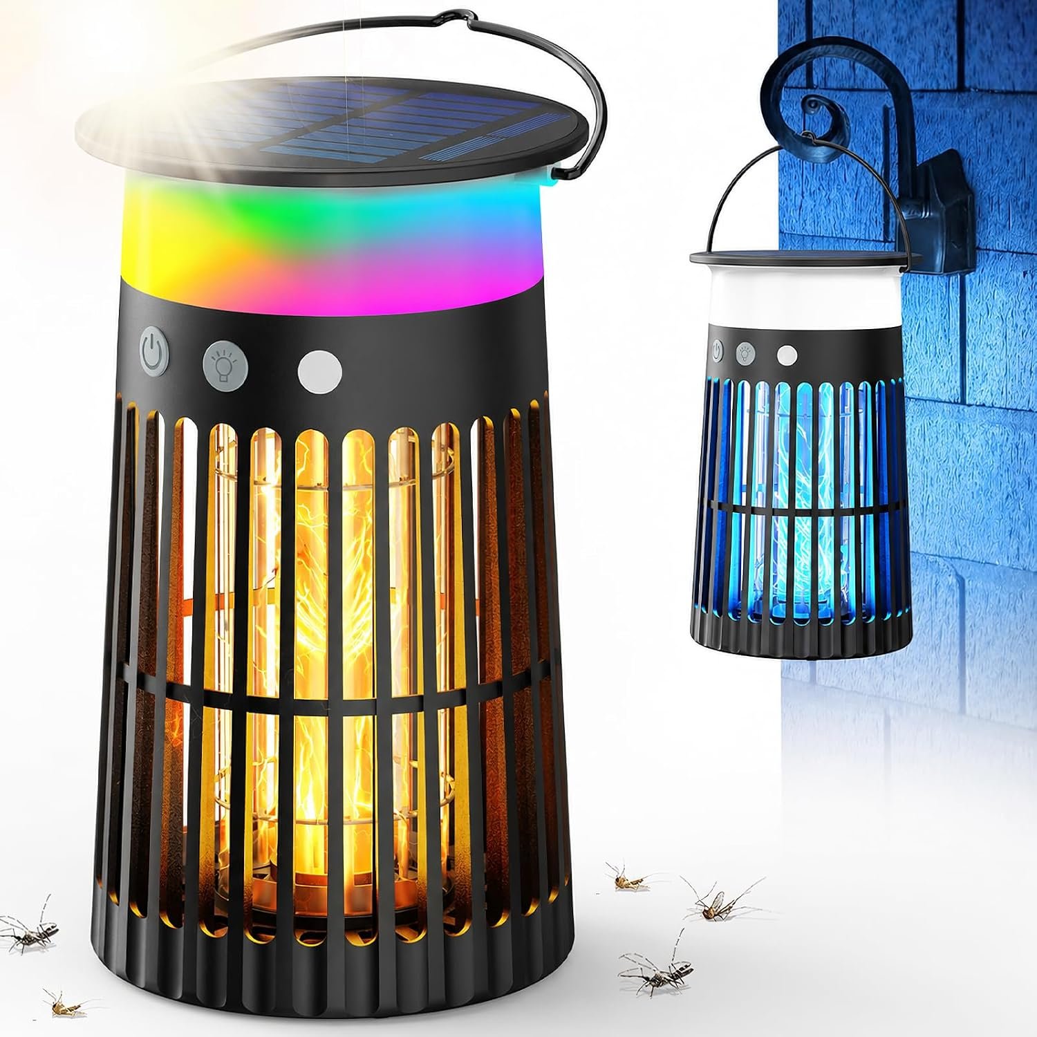 Solar Bug Zapper Outdoor, 5-in-1 Mosquito Zapper 4200V w/Flame Light & RGB Mode, Waterproof Portable Fly Zapper, Electric Cordless Fly Insect Mosquitoes Trap Killer for Patio Yard Camping RV Indoor