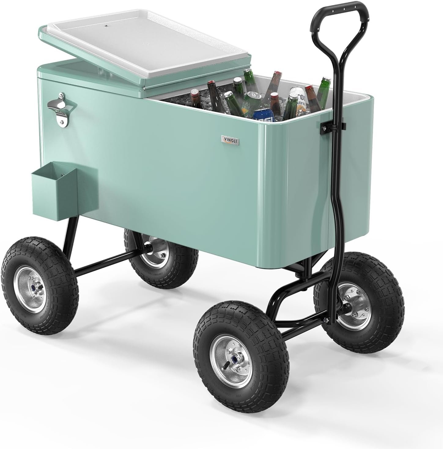 VINGLI 80 Quart Wagon Rolling Cooler Ice Chest, w/Long Handle and 10″ Wheels, Portable Beach Patio Party Bar Cold Drink Beverage, Outdoor Park Cart on Wheels