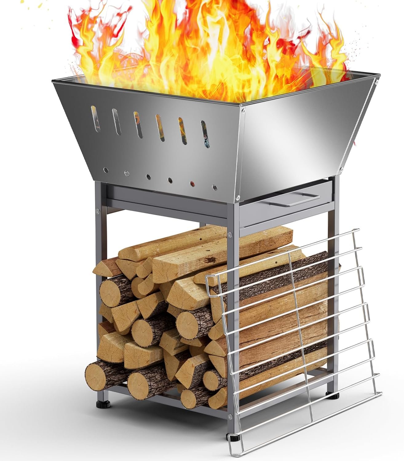 24 Inch Stainless Steel Outdoor Fire Pit with Grill 3-in-1 Wood Burning Fire Pits for Outside Square Firepit with Wood Storage and Ash Pan for Camping Patio Bonfire and BBQ