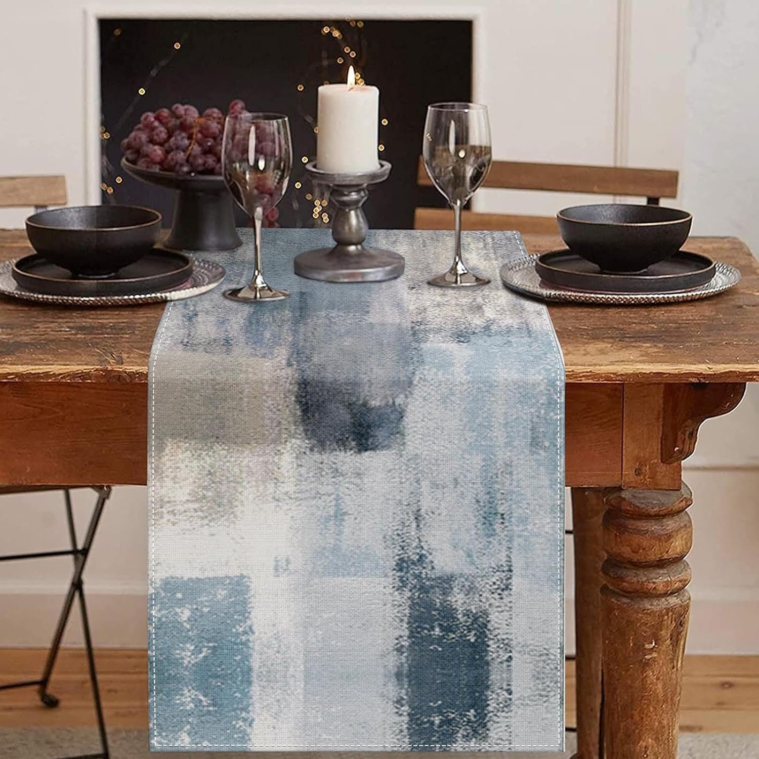 Emvency Farmhouse Table Runner, Vintage Blue and Grey Abstract Art Painting for Kitchen Coffee Table Family Dinners Holiday Parties Wedding Events Decor(13×60 inch)