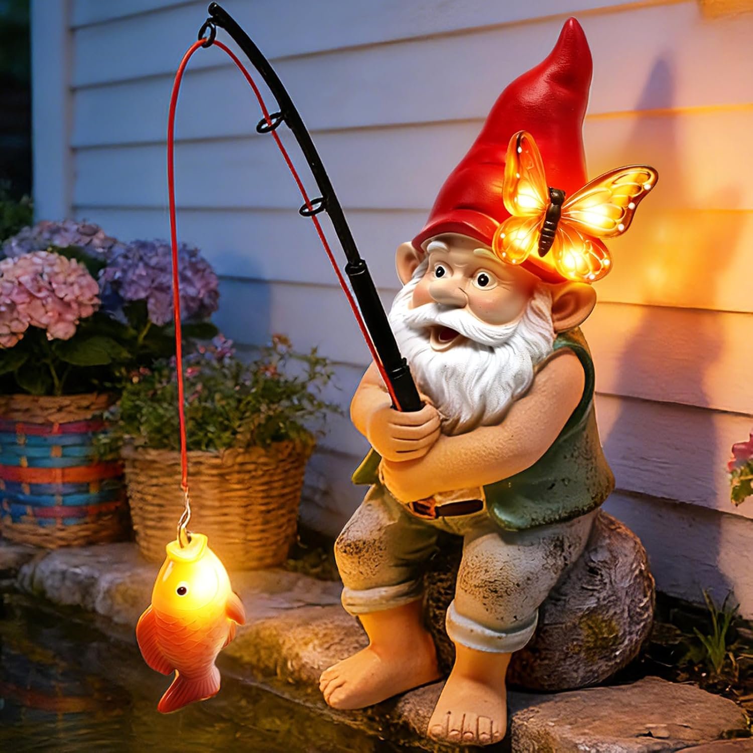 Solar Garden Gnome Statues, Outdoor Fishing Gnome with Butterfly Solar Lights Waterproof, Birthday Gifts for Mom Women Mother’s Day, Garden Figurines for Yard Decor Patio Porch Lawn Ornaments