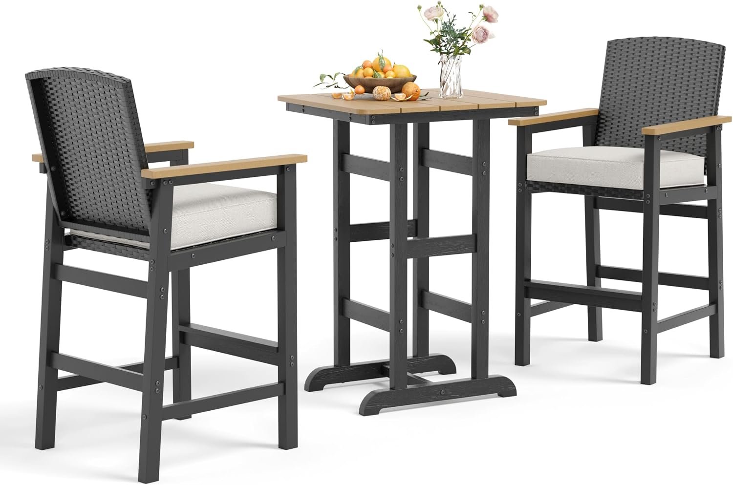 SUNSHINE VALLEY, 3-Piece Outdoor Patio Bar Set, HDPE, Bar Height, Black | High top patio table and chairs. All-Weather, Cushion, wicker backrest, Modern