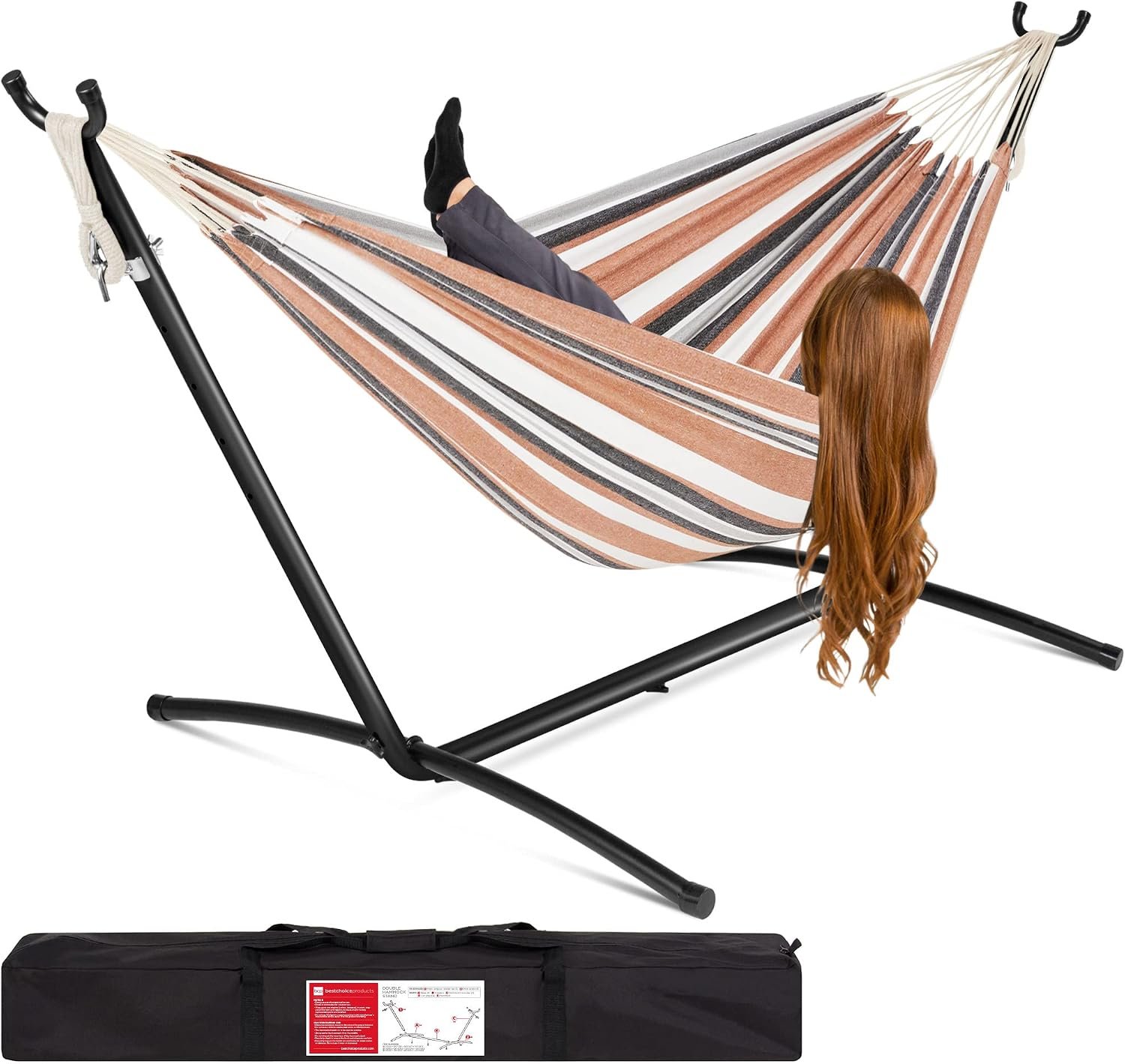 Best Choice Products Double Hammock with Steel Stand, Indoor Outdoor Brazilian-Style Cotton Bed w/Carrying Bag, 2-Person Capacity – Desert Stripes