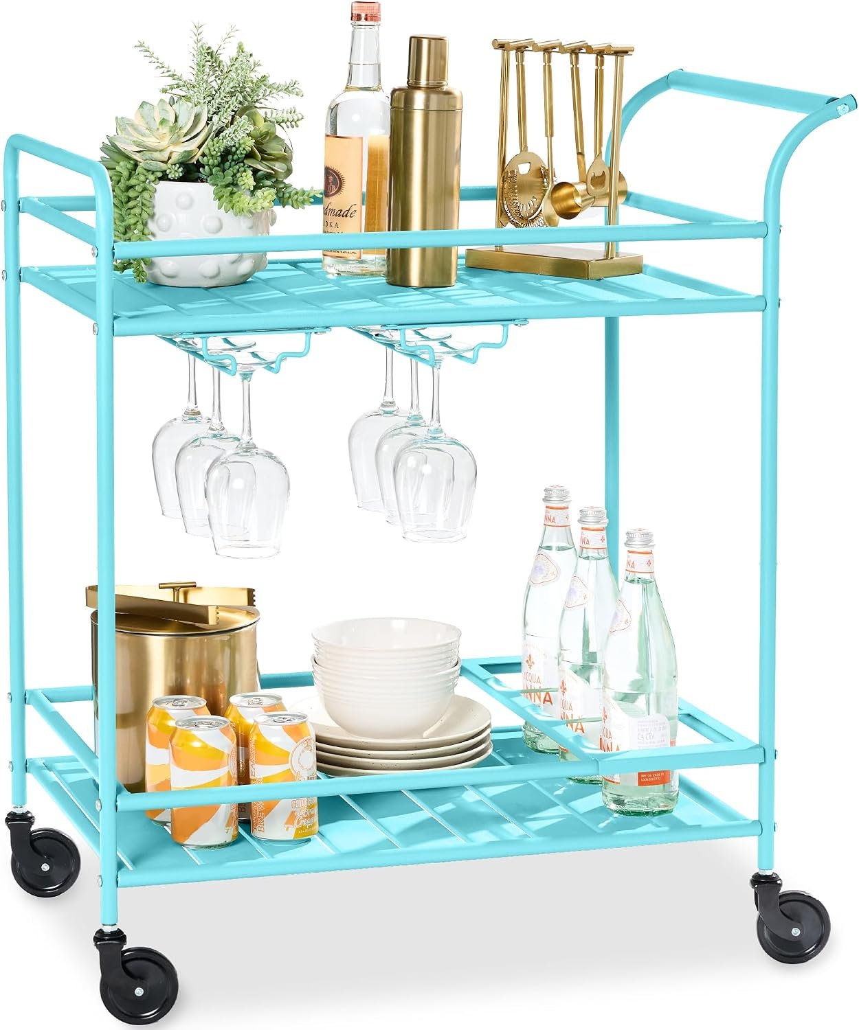 Best Choice Products Rolling Bar Cart, Mobile Home Bar Serving Cart, Serving Station w/ 2 Tier Shelves, Wine Rack, Lockable Wheels – Teal