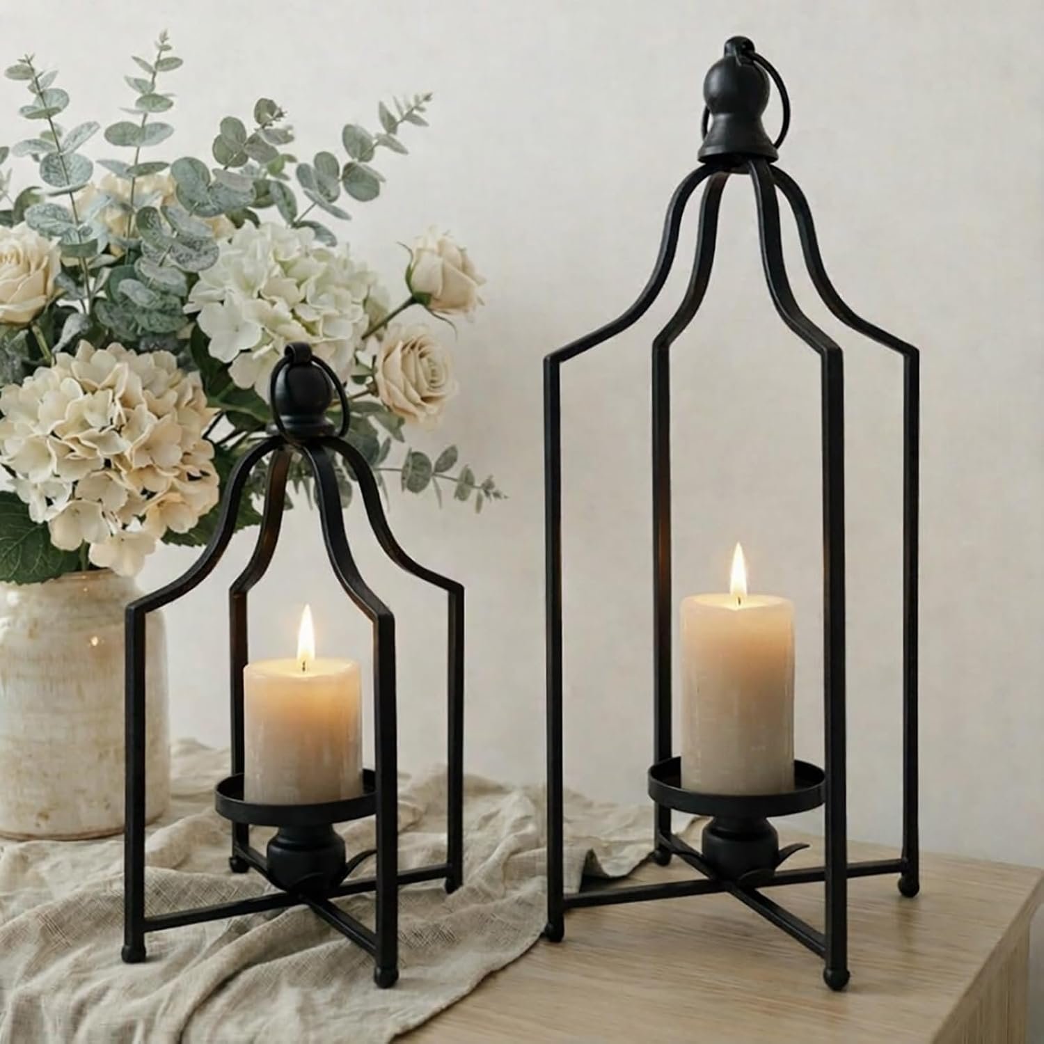 12.5″ & 16.5″ Timeless Cozy Decorative Lanterns Set of 2, Handcrafted Metal Iron Candle Holders, Farmhouse Elegance Fireplace Mantel Table Festive Gatherings Decor (Matte Black)