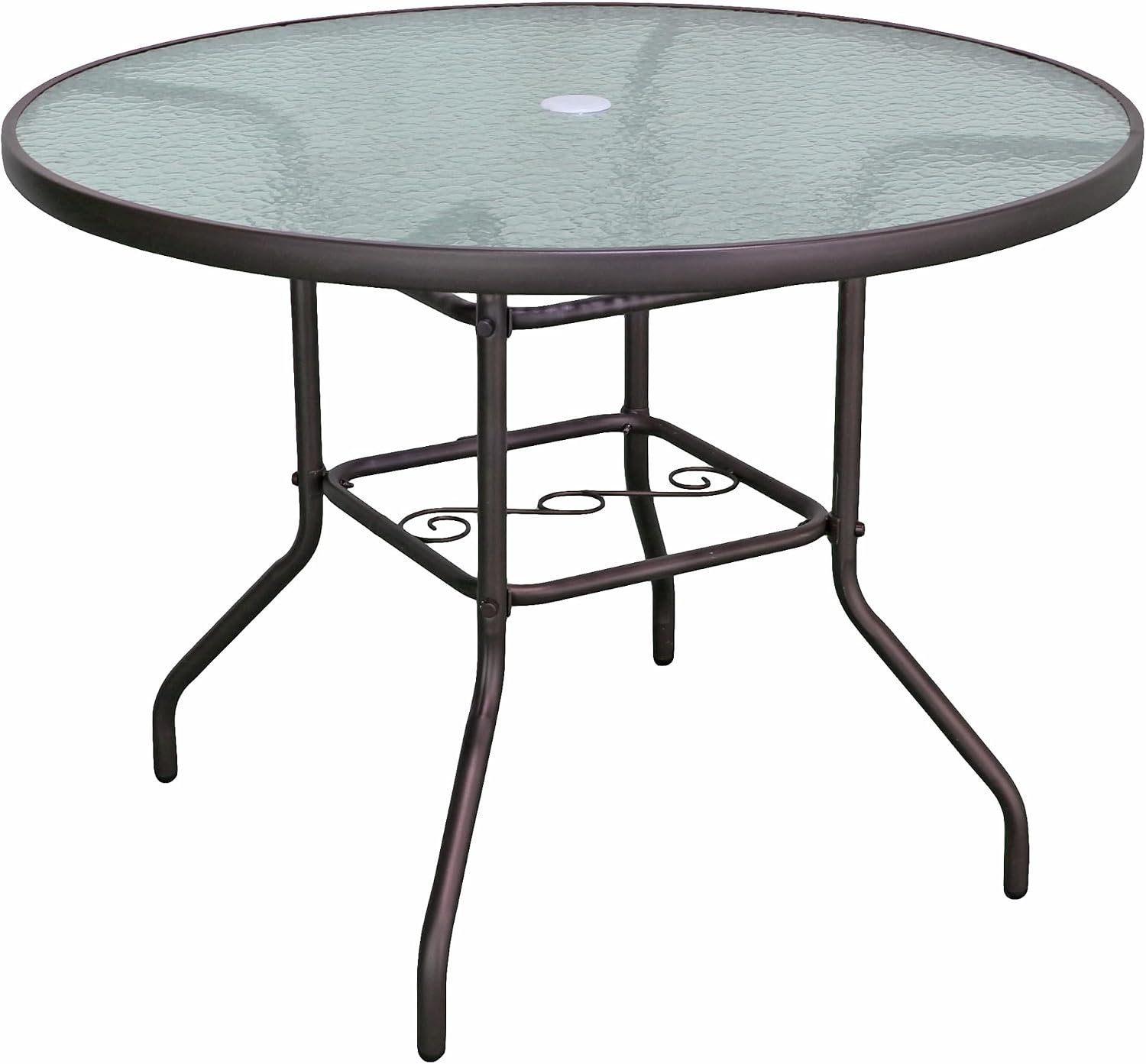 Garden Elements Outdoor Patio Furniture, Round Dining Table, Steel Base and Rim with Water-Wave Glass Top, Brown, 40″