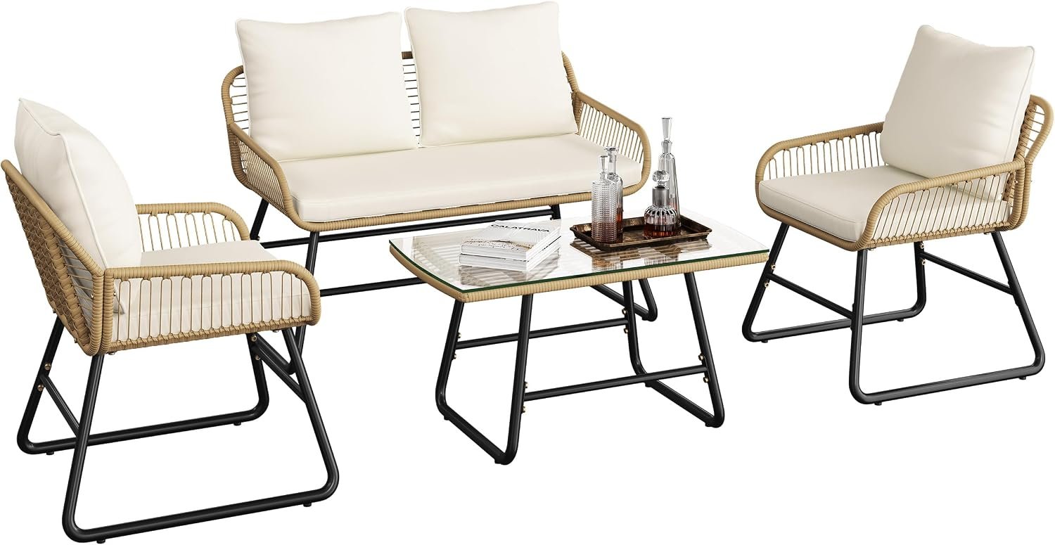 Yaheetech 4 Piece Patio Furniture Set, Wicker Conversation Sets, Tan/Cream | Outdoor Boho Loveseat & 2 Armchairs with Cushion and Pillow, Glass Top Table for Backyard, Porch, Balcony, Deck