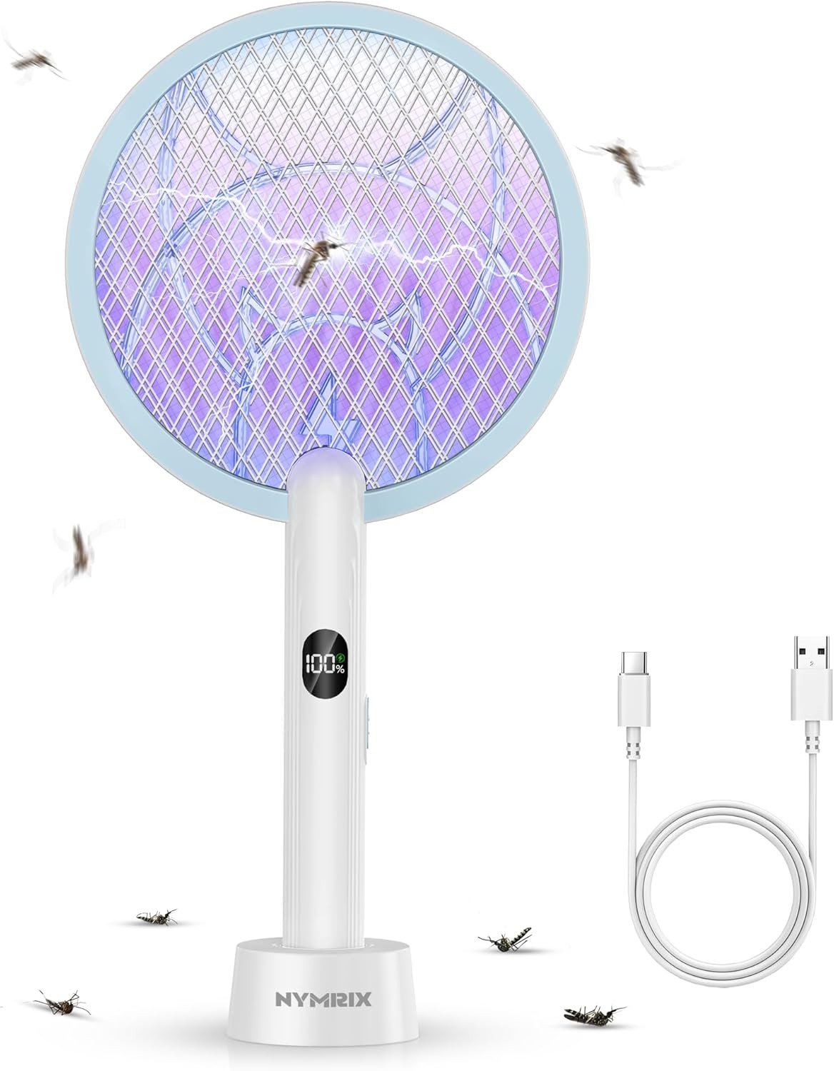 Nymrix Electric Fly Swatter Racket, 2 in 1 Mosquito Bug Zapper 4100V Max Handheld Mosquito Killer with 1800 mAh Rechargeable Battery, Purple Lightand 3-Layer Safety Mesh for Indoor Blue Two-Pack