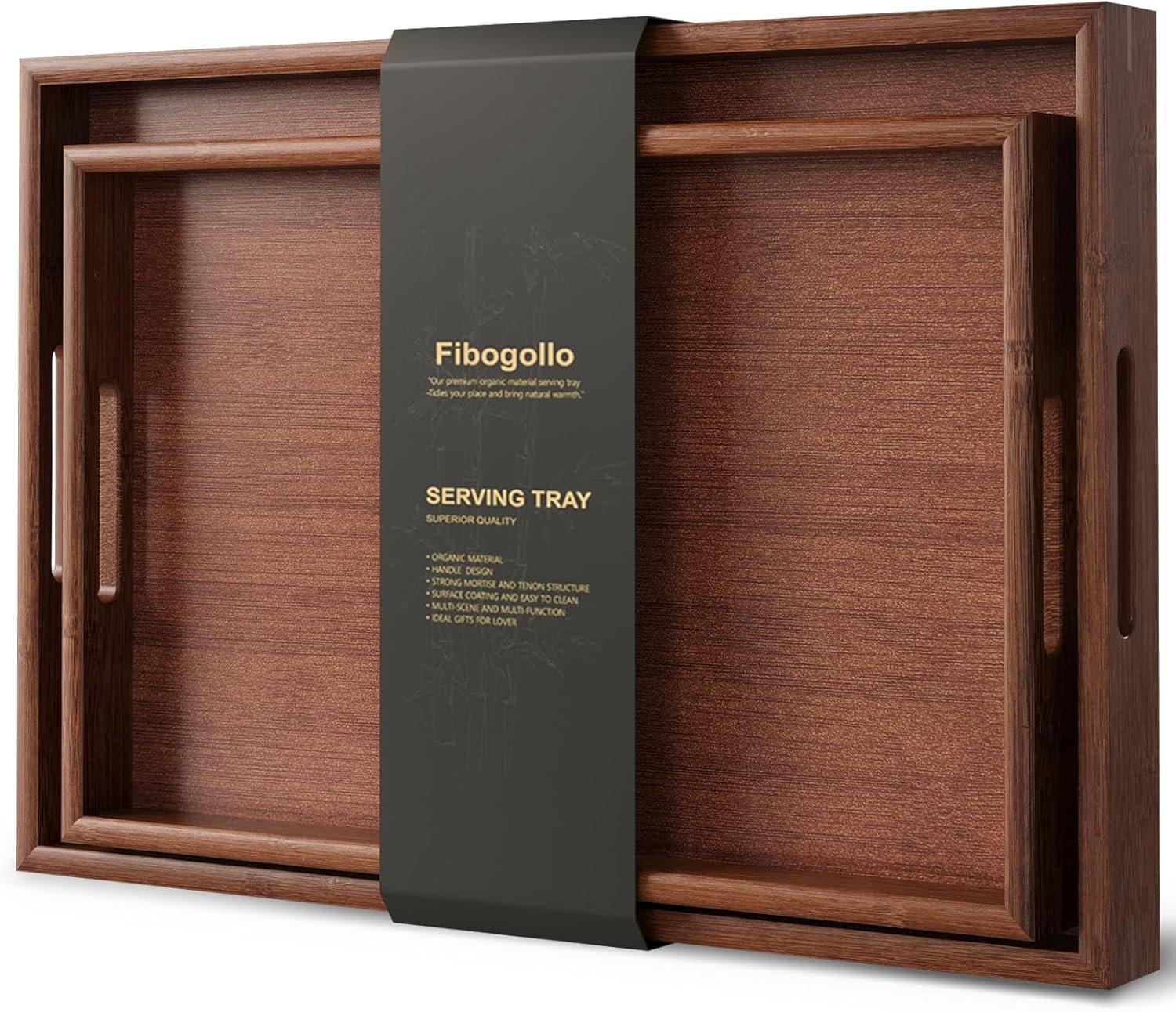 Fibogollo Bamboo Set of 2 Serving Tray with Handles,Decorative Trays Platter,Breakfast Tray in Bed,Food Drinks Tray for Eating,Working,Storing(Brown)