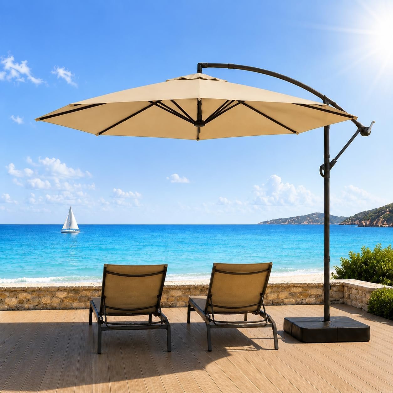 10FT Patio Umbrella with Base, Outdoor Umbrella Pool Umbrella Cantilever Umbrells – UV Protection, Easy Tilt & 360° Rotation for Poolside, Backyard & Garden