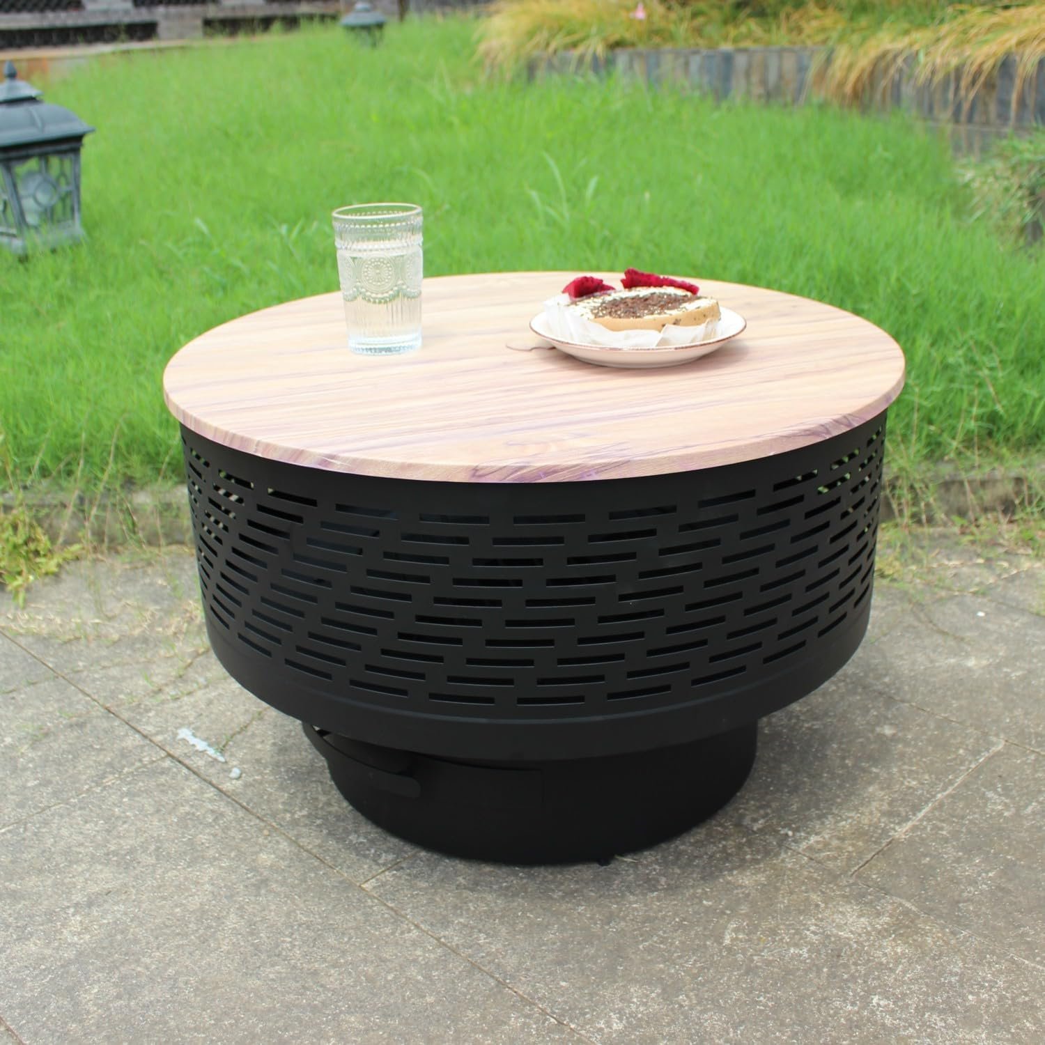 OutVue 26″ Wood Burning Fire Pits with Grill & Lid, Fire Pit Table for Outside with Waterproof Cover & Fire Poker, Outdoor Firepit with Functions for BBQ,Table and Bonfire
