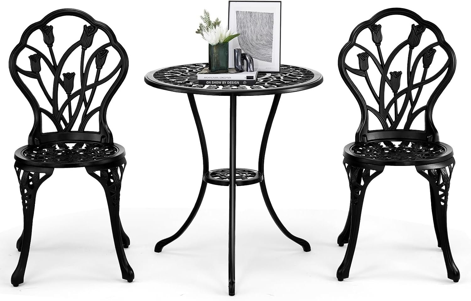 Outvita 3 Piece Cast Aluminum Bistro Set, Tulip Pattern Black | Outdoor Cafe Table and Chairs Set of 3, Stability Patio Bistro Sets with Umbrella Hole for Garden, Patio, Balcony