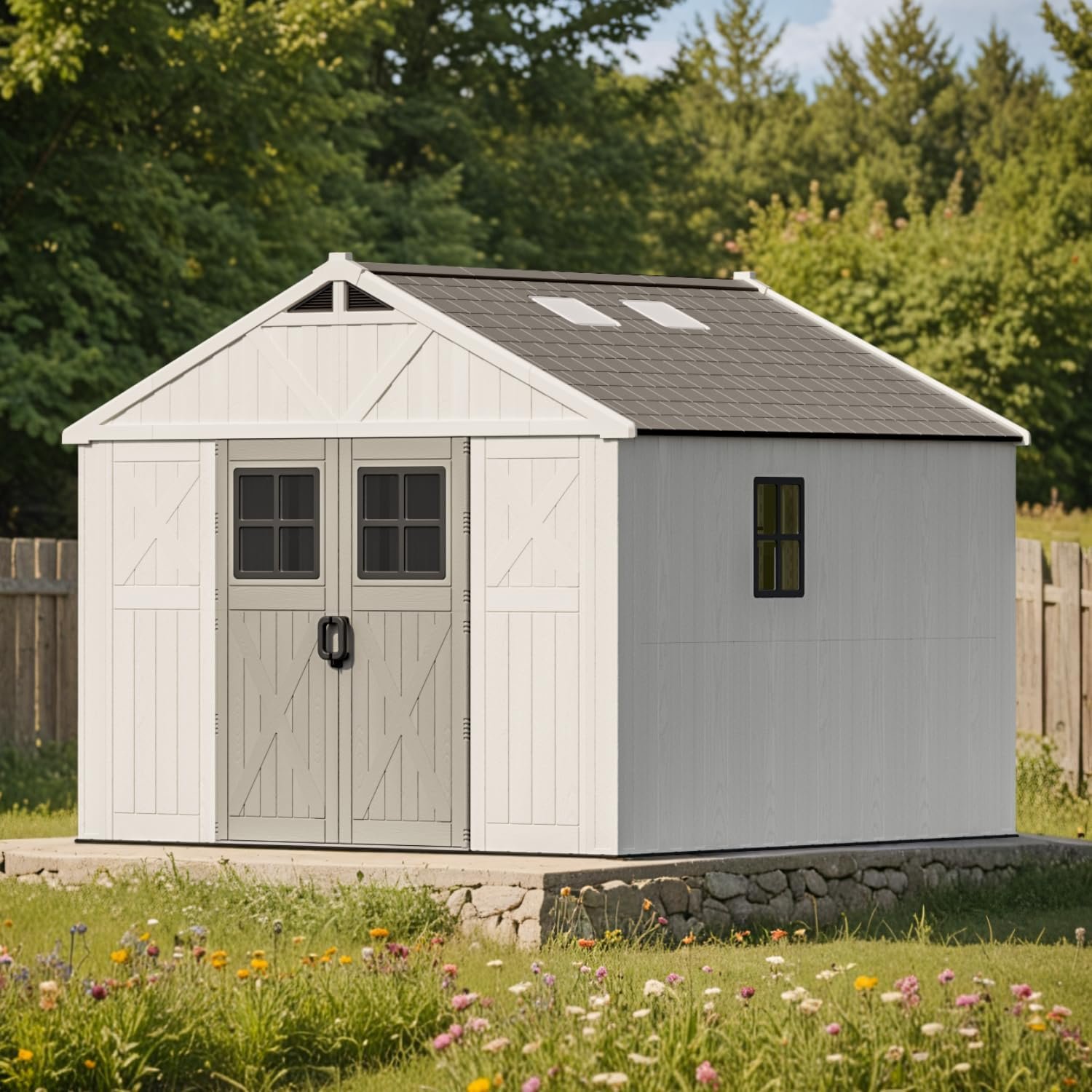 Patiowell 10×10 FT Outdoor Storage Shed, Plastic Shed with Floor and Skylight, Four-Window Resin Storage Shed with Lockable Door for Garden, Patio, Backyard, Beige
