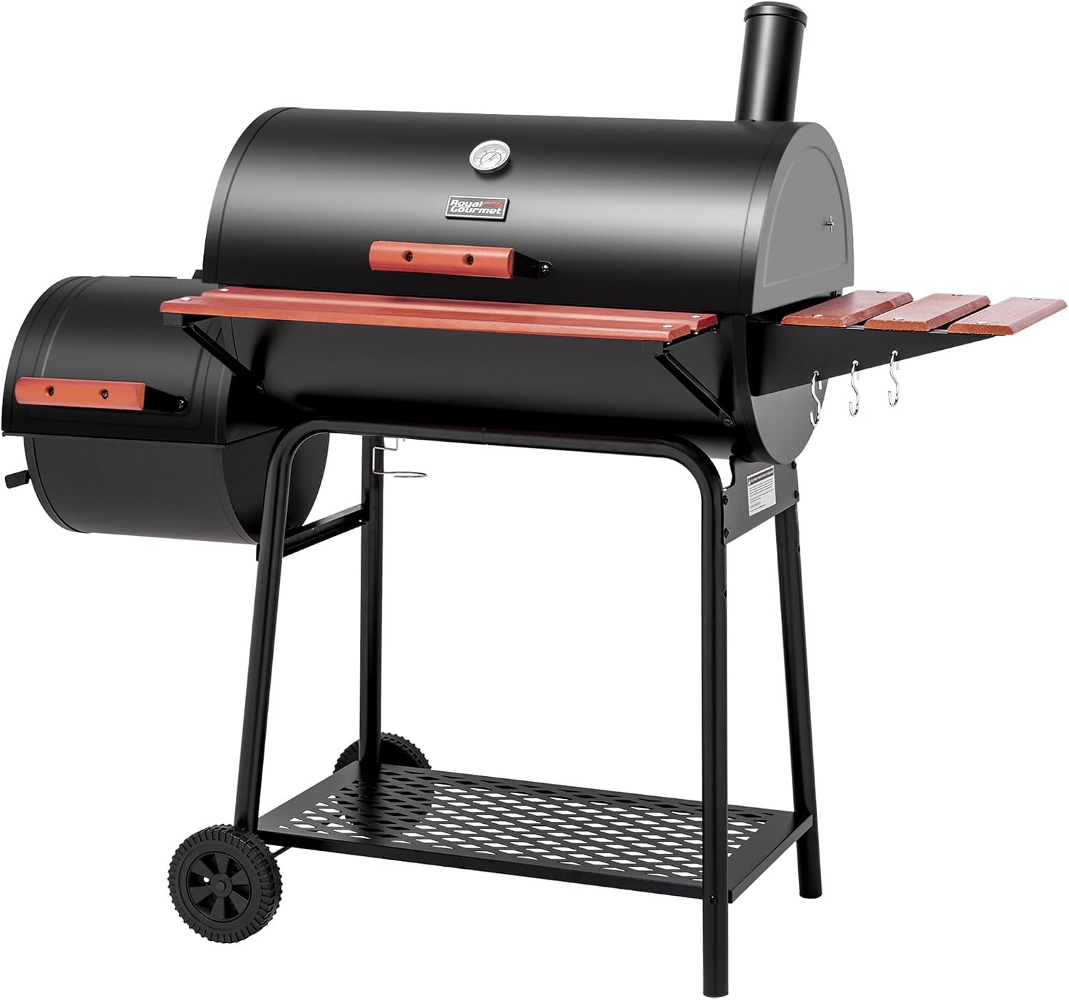 Royal Gourmet CC1830W 30-Inch Charcoal Grill with Offset Smoker,811 Sq. In. | Outdoor Smoker Grill with Wood-Painted Side Table and Front Table, Adjustable Fire Grates, for Outdoor Barbecue Event, Black