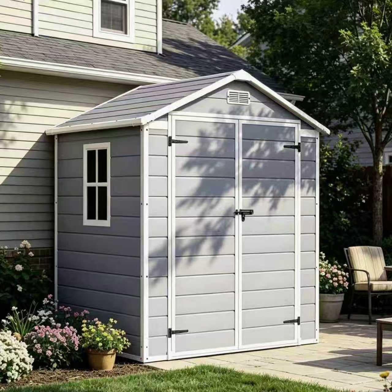 Devoko 6 x 4 FT Resin Outdoor Storage Shed with Floor, Light Grey | Plastic Tool Shed with Windows, All-Weather Garden Shed with Lockable Door for Patio, Backyard, Poolside