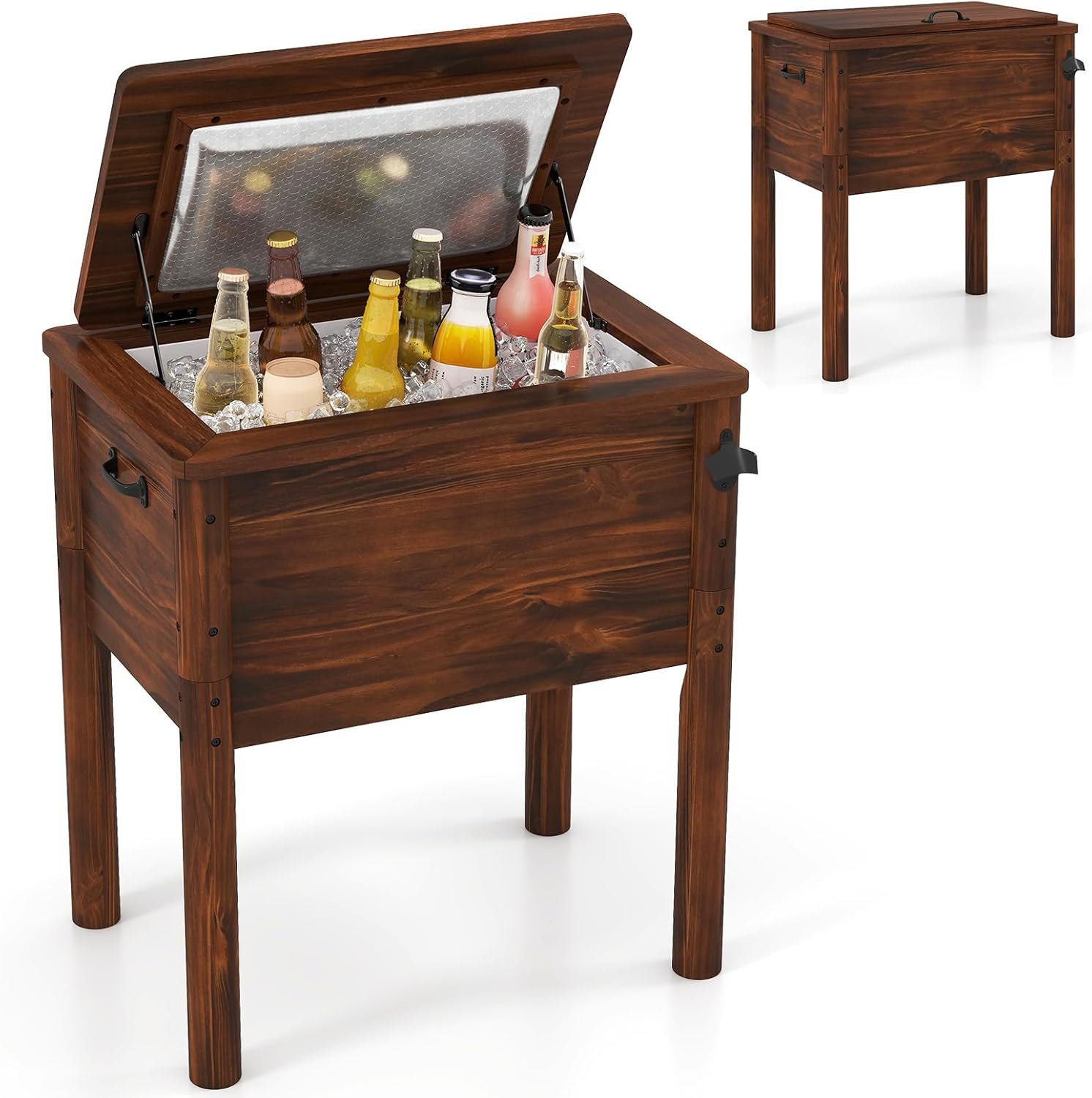 Giantex Wooden Patio Cooler, 54 Quart Outdoor Beverage Cooler Table with 3-Layer Insulation, Built-in Bottle Opener & Drainage Cap, Retro Rustic Pine Wood Ice Chest for Backyard, Poolside, Deck, Party