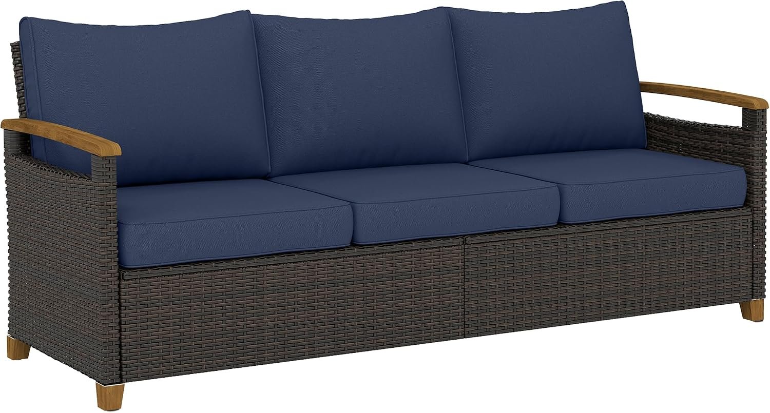 Outsunny 3 Seater Outdoor Couch Sofa, PE Wicker Patio Couch with Wide Deep Seating, 4″ Foam Cushions, Wood-Effect Armrests and Legs, Patio Sofa Furniture for Garden, Backyard, Porch, Dark Blue