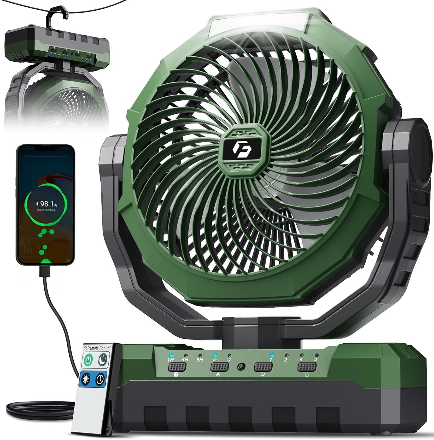 FRIZCOL 3-in-1 Camping Fan – Portable Fans Rechargeable – 24000mAh Battery Powered Fan with Light & Remote for Indoor, Outdoor, Tent, Travel, Fishing, Jobsite, Gifts for Men Dad Him – Green