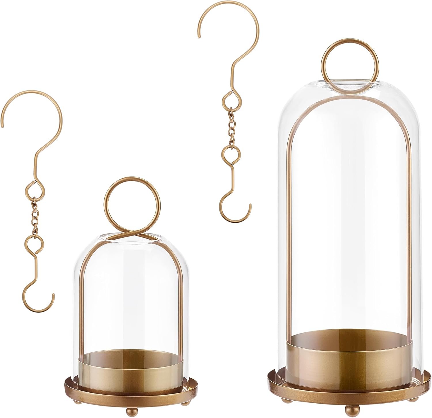 Candle Holder Lanterns, Handcrafted Metal & Glass with Modern Aesthetic Design, Hurricane Pillar Candlestick Holders, Table or Hanging Decorations Set of 2, 5.1″ & 4.4″ Diameter, Gold