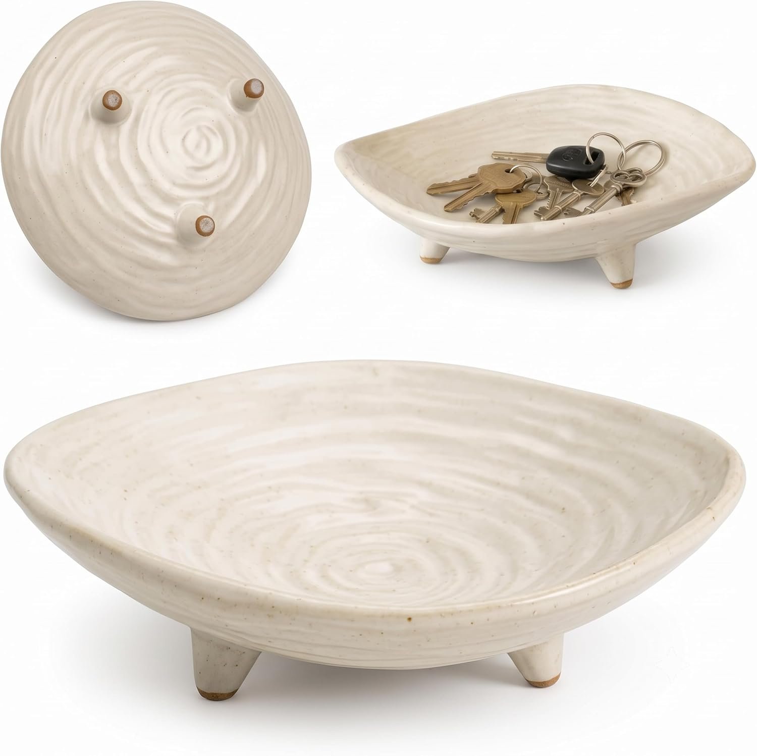 Small Decorative Bowl, 6” Ceramic Key Bowl for Entryway Table, Multi-Purpose Decorative Bowls for Candy, Jewelry and Home Decor（Retro White）