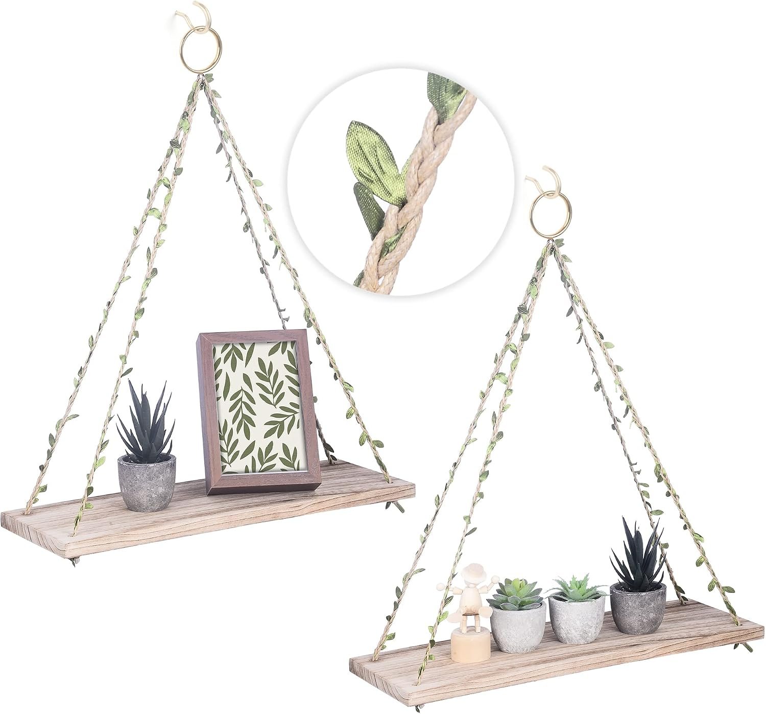 Hanging Shelves for Indoor Wall and Window – Floating Wall Shelves for Plant Display, Boho Style Home Decor.(Leaf Rope, Light Color,Large*2)