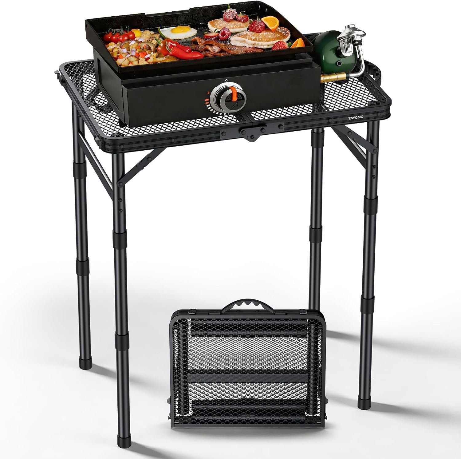 2ft Portable Grill Table, Heat-Resistant Tabletop 3 Heights 27.5″ | Aluminum Grill Side Table, Waterproof & Easy to Clean, Lightweight, Portable Handle for Travel Cooking BBQ, 24″ x 16″, Black