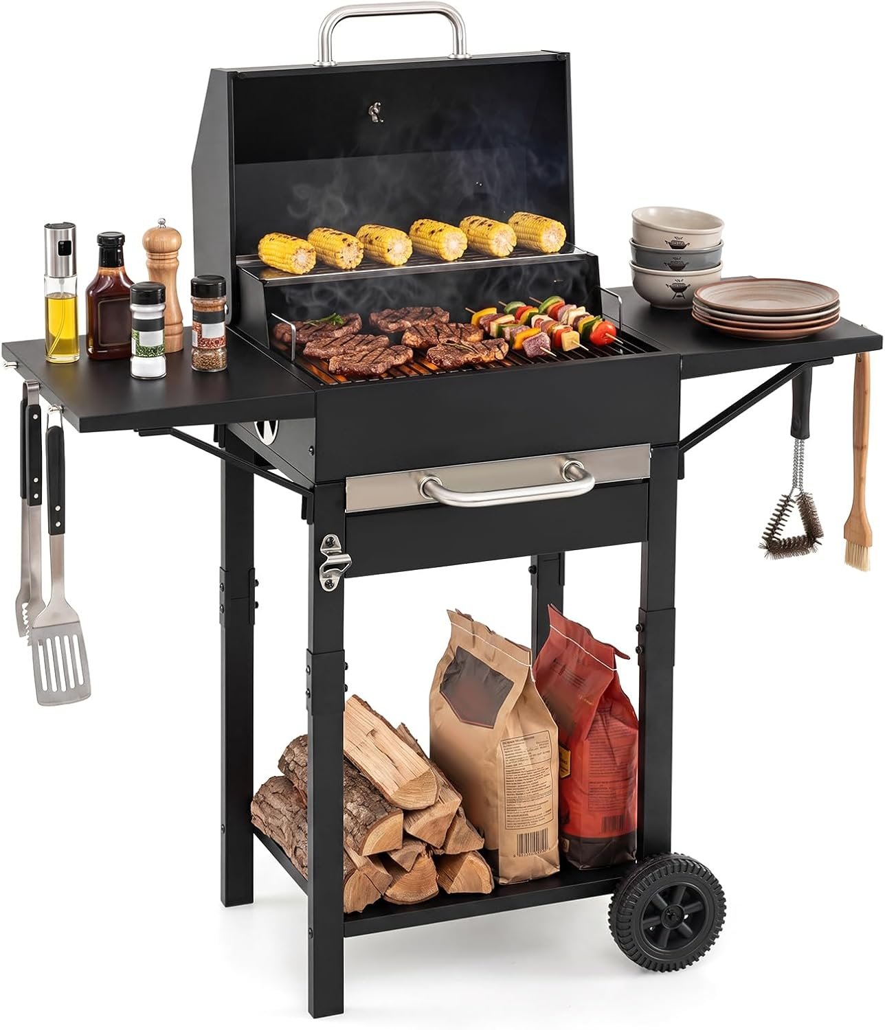 HAPPYGRILL Charcoal Grill with 2 Side Tables, 284 sq.in. Outdoor Smoker BBQ Grill with Thermometer, Bottle Opener & Wheels, Mobile Cooking Grill for Camping Picnic Party, Black