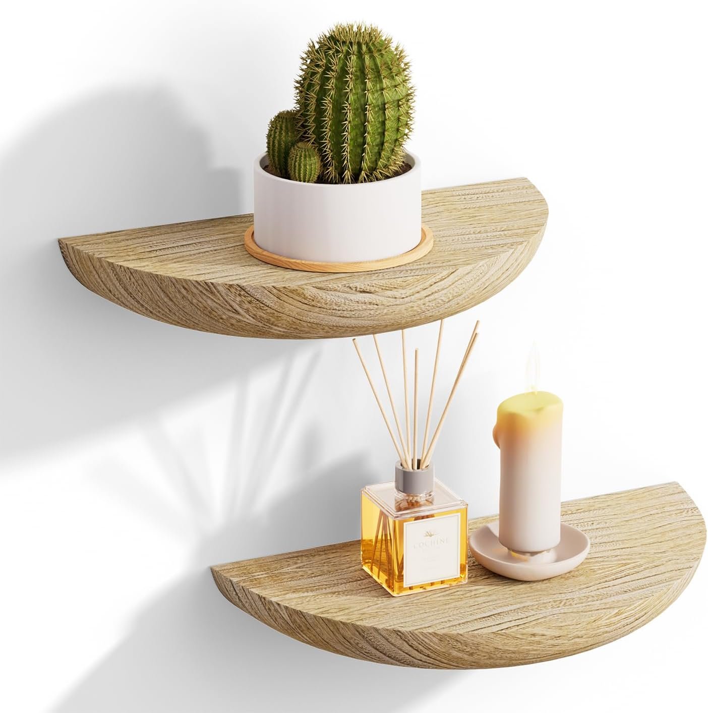 QsQueen Half Round Floating Shelves for Wall, 2 Pack Small Paulownia Wood, Screw Mount, for Plants & Decor