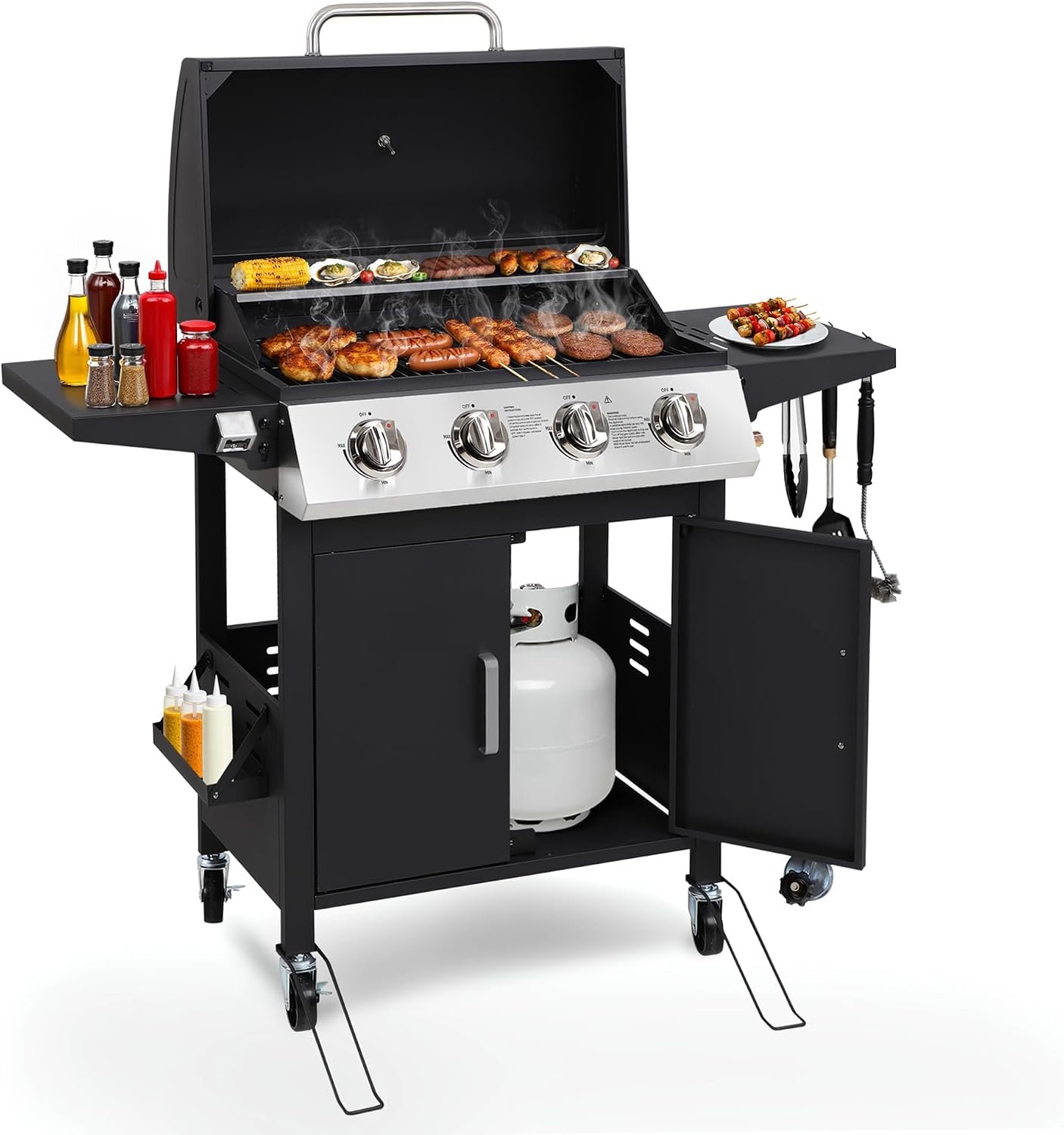 HUGROVE Propane Gas Grill, 40,000 BTU 4 Burner Outdoor BBQ Grill with with Foldable Side Tables & Spice Rack, 459 sq.in Cooking Area & Warming Rack for Patio, Backyard (Silver & Black)