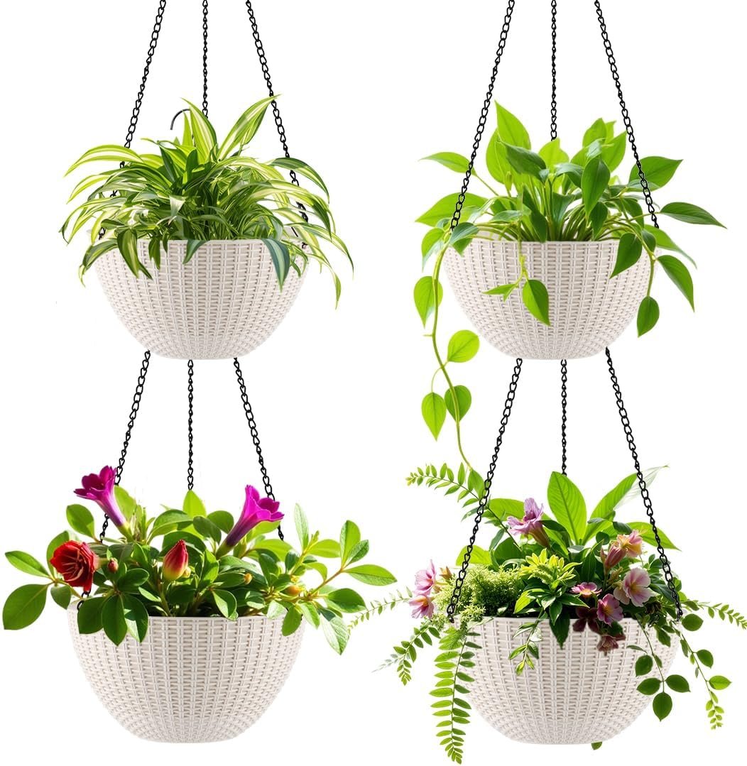 RooTrimmer Hanging Planters for Indoor Outdoor Plants 8 and 10 Inch, 4 Packs Hanging Flower Pot with Drainage Holes, Self-Watering Hanging Basket Perfect for Home, Office and Garden, White