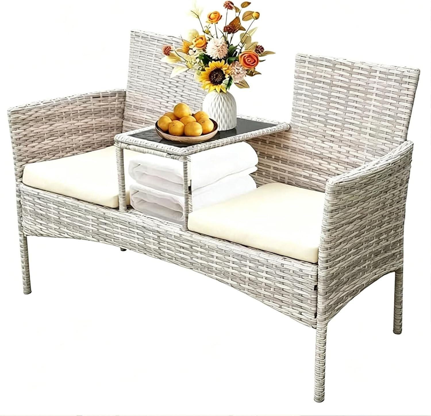 Wicker 2-Seat Outdoor Patio Loveseat | Built-In Coffee Table, Washable Cushion Covers, Dust Cover Included, Backyard, Garden, Lawn