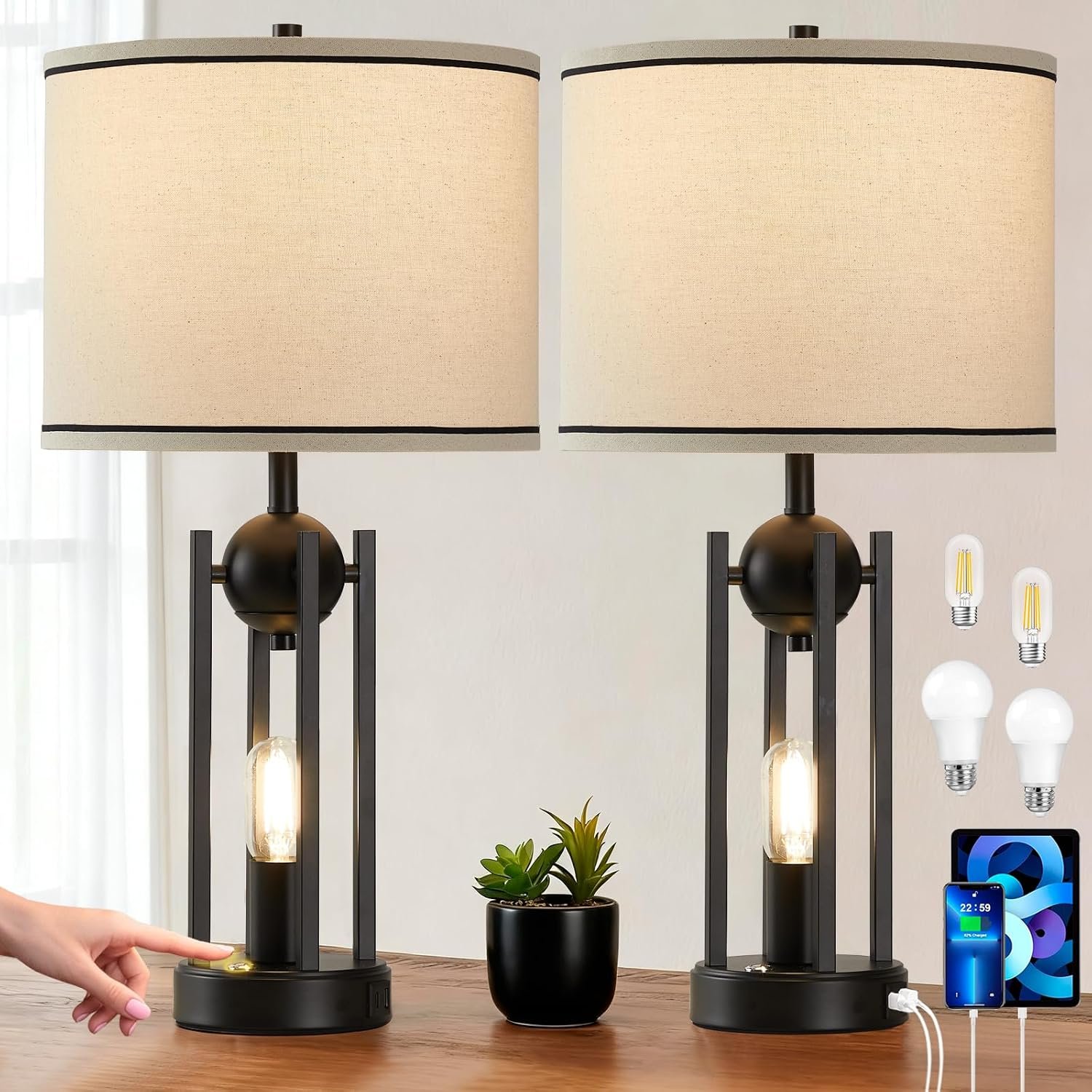 Upgraded Dual-Light Table Lamp Set of 2, USB C+A Ports-Black 25” | 3 Way Dimmable Touch Night Lamp for Bedroom, 3 Color Temperatures Bedside Lamps for Living Room, Office, 4 Bulbs Included