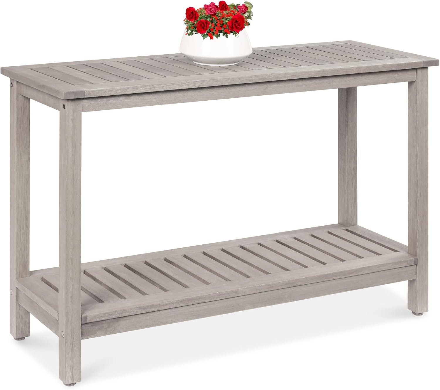 Best Choice Products 48in 2-Shelf Eucalyptus Wooden Console Table Indoor Outdoor Multifunctional Buffet Bar Storage Organizer w/Foot Sliders – Gray
