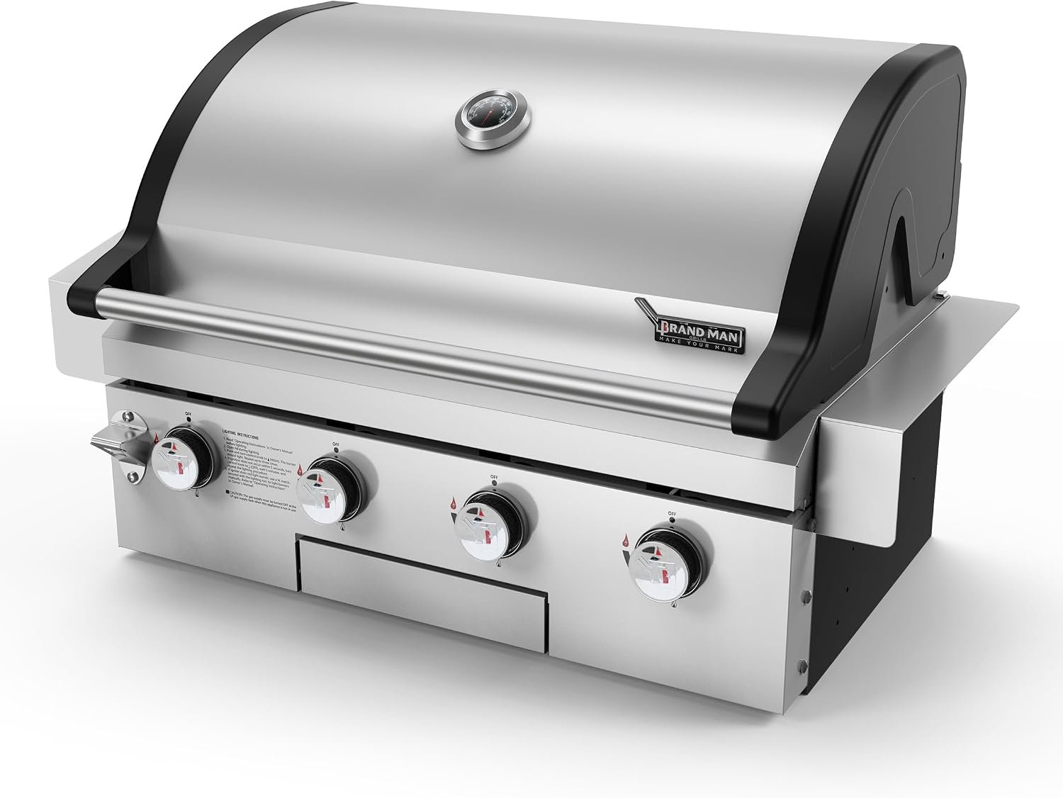 Brand-Man Gas Grill Built-In Head, 30-Inch 4-Burner Propane Grill | Natural Gas Convertible BBQ Island Outdoor Kitchen, Heavy Duty Stainless Steel with Cast Iron Grates and Griddle, 40,000BTUs